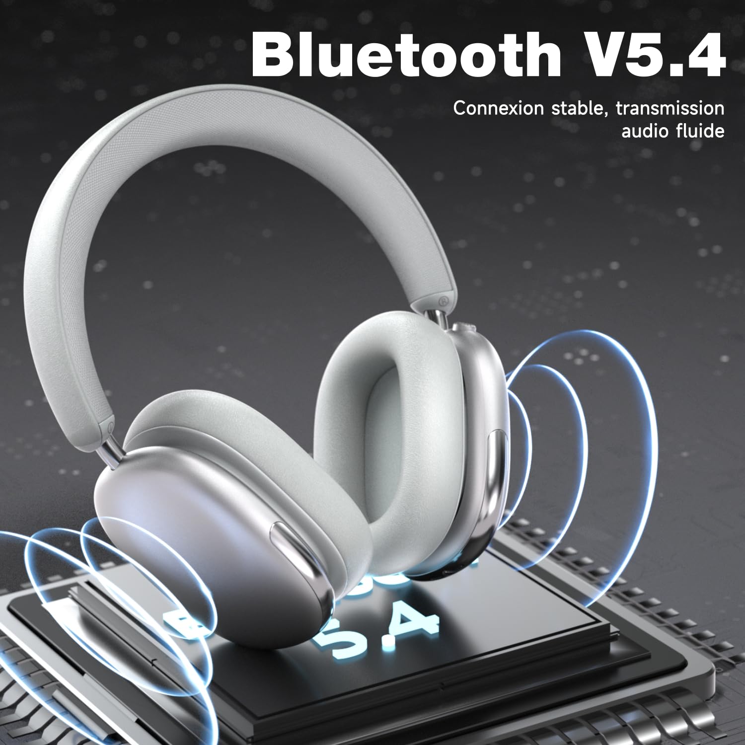 Casque Bluetooth avec Réduction De Bruit Active, 120 h d'autonomie, Casque sans Fil Circum-aural, Léger avec Microphone pour Les Voyages/Travail, Compatible iPhone/Android/PC (Argenté)