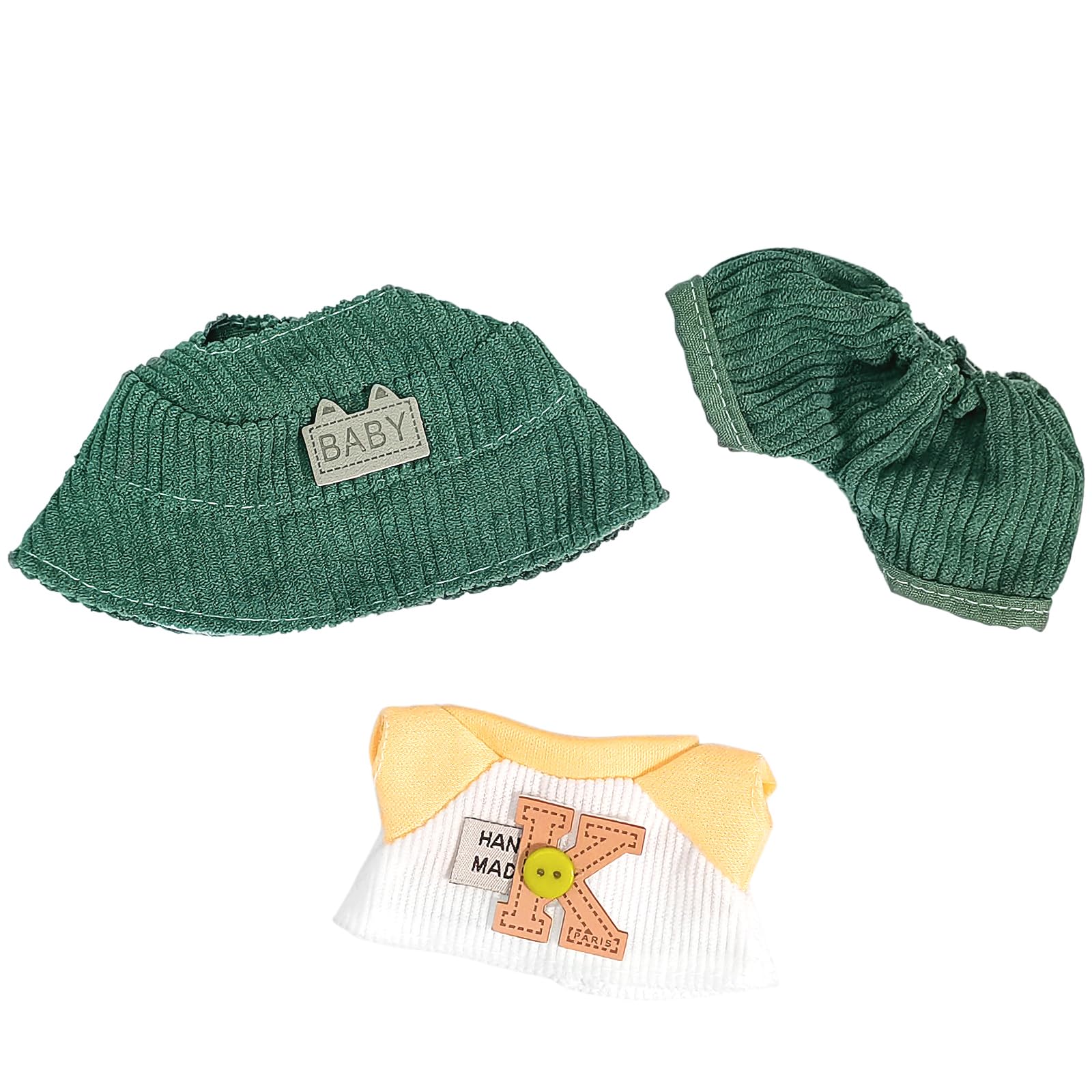 Clothes for 17cm Dolls, Cute Plush Doll Bucket Hat and Overalls Outfit with Accessories (NO Doll) Green