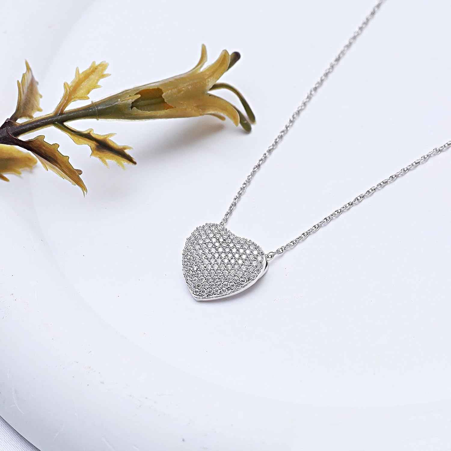 Puffed Heart Pendant Necklace For Women Round Cut Cubic Zirconia OR Lab Created Moissanite 0.50 Cttw Pave Set In 14K Gold Plated Sterling Silver Jewelry Along With 18" Rope Chain Gift For Her - Image 5