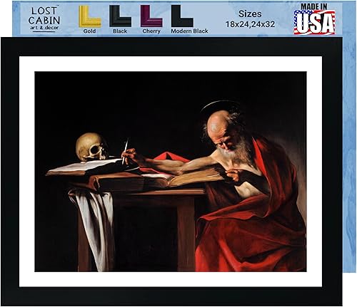 Caravaggio Lost Cabin Saint Jerome  Impresión enmarañada en marco plano negro  Reproducción de pinturas de obras de arte finas  Póster enmarcado