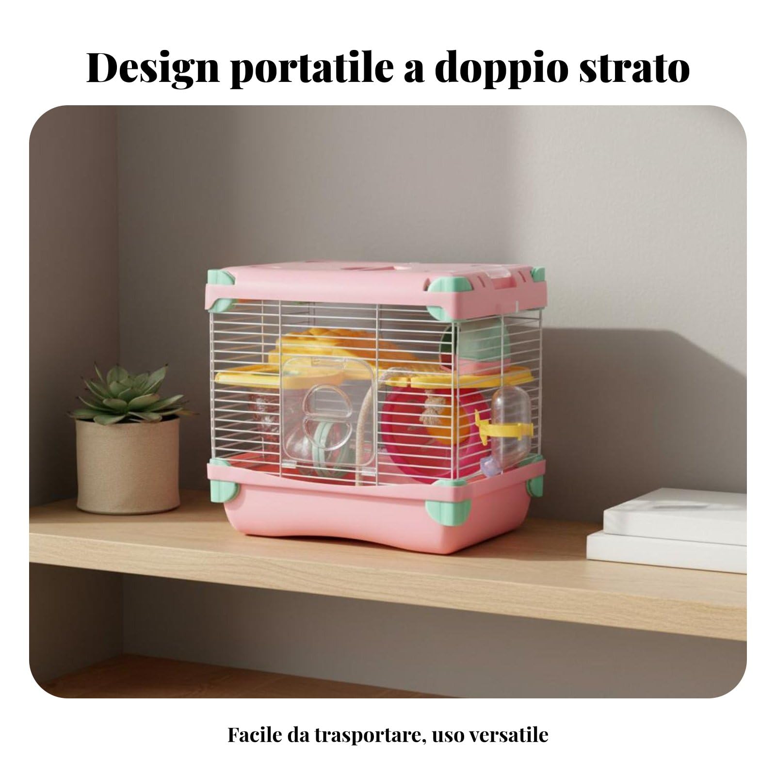 Gabbia Hamster Habitat Completo Domestico con Ruota Tubi Contenitore Base Profonda Plastica Ferro Ventilato Adatta per Piccoli Roditori Animali da, Rosa, 2-Strati 617H