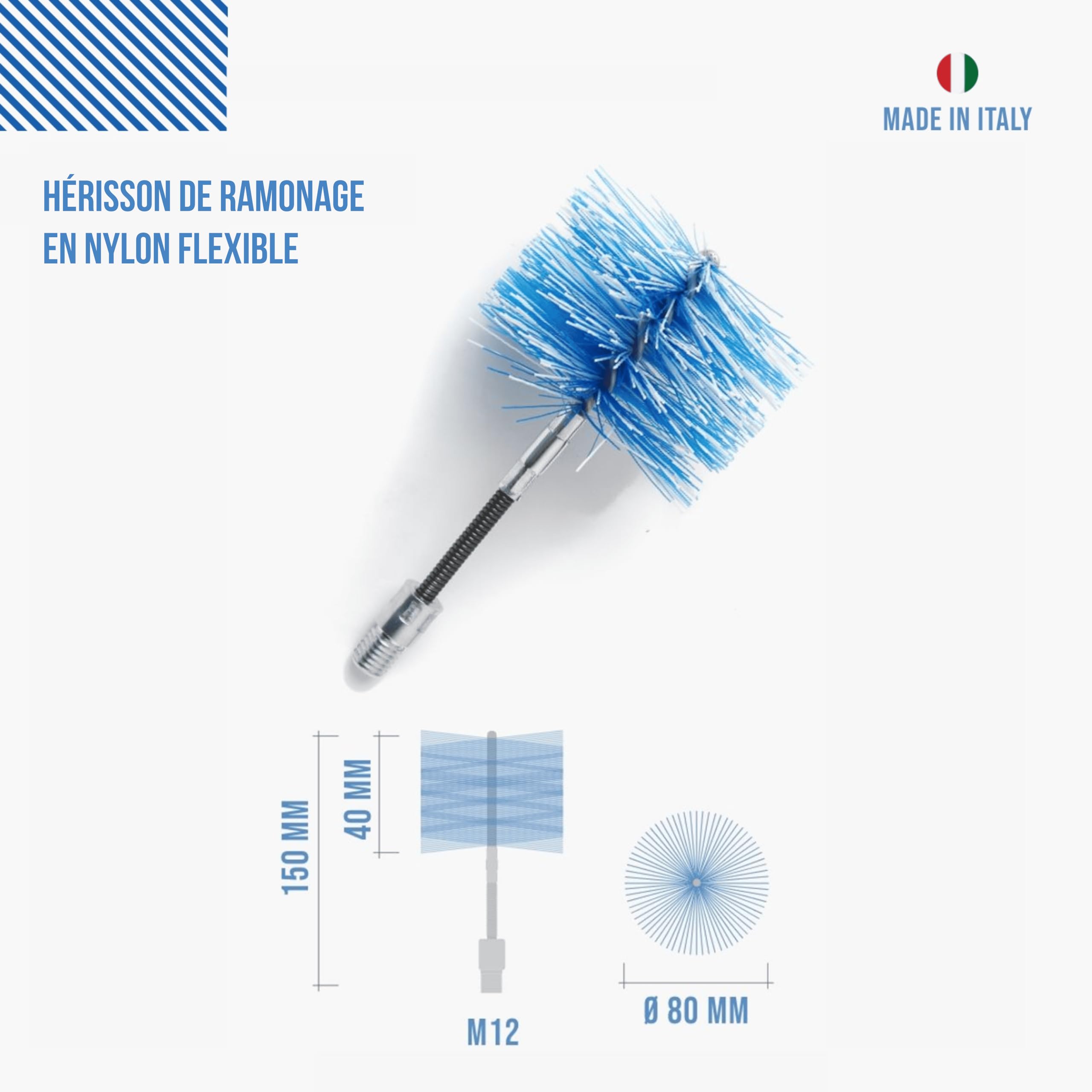 BARETTO Flex | Kit de ramonage poêle à granulés | Conduit de fumée Ø 80 mm | Longueur 6 m | Hérisson articulé | Raccord M12