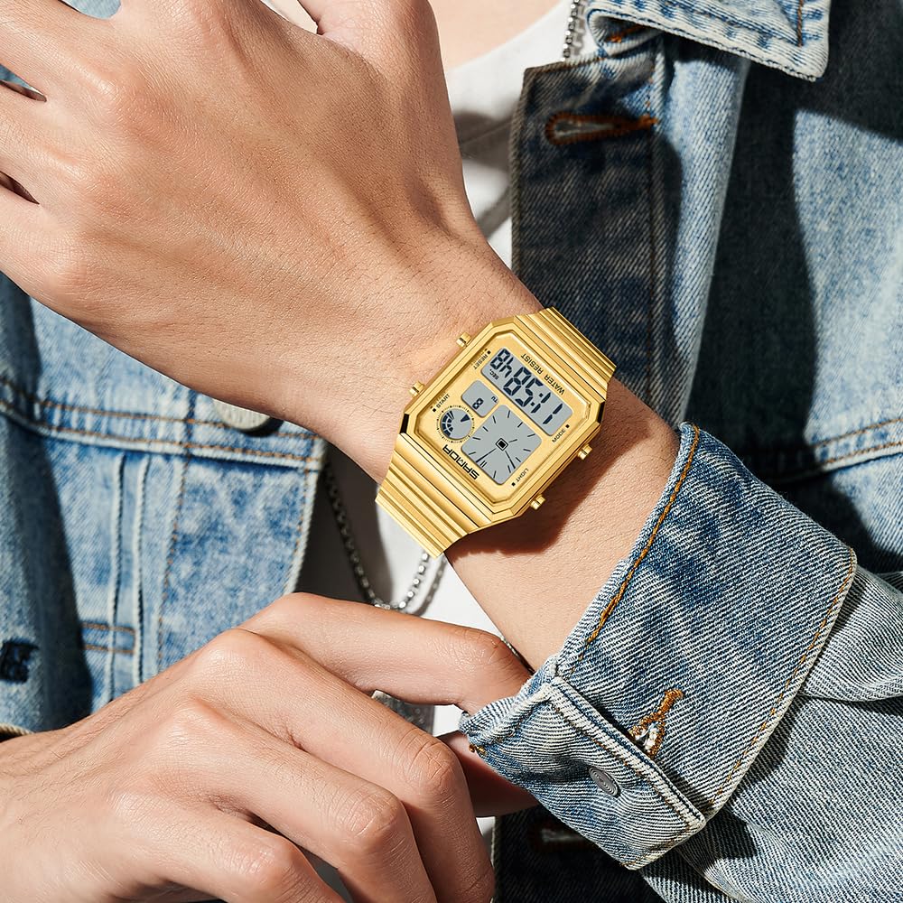 Gosasa Reloj digital cuadrado retro para hombre, correa de metal texturizado