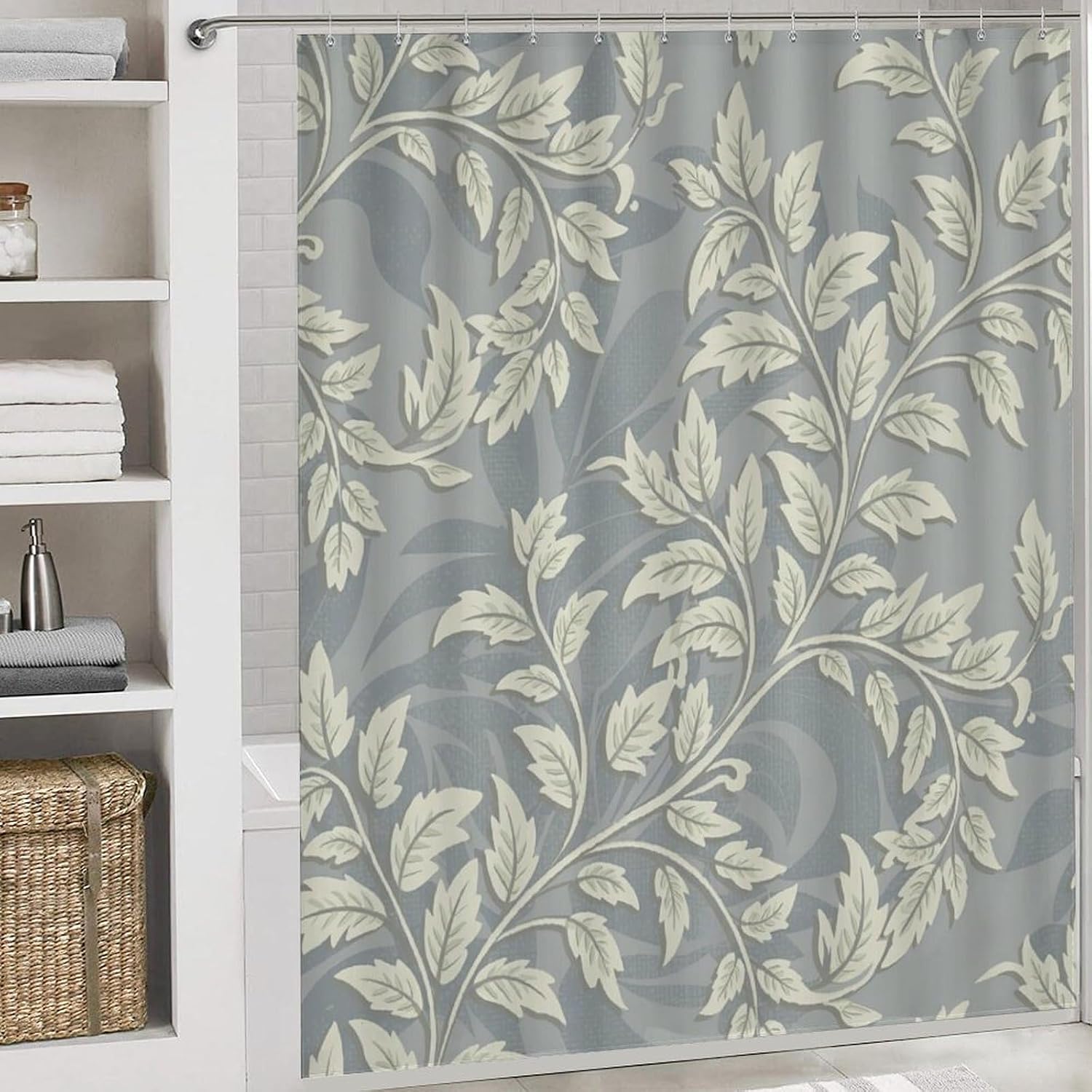 Bathroom Mat Set, Vintage Cream Leaf Pattern Printed on Bathroom Curtain Sets with Rugs, Designed for Farmhouse Boho Contemporary Bathrooms, 72 x 72 inches