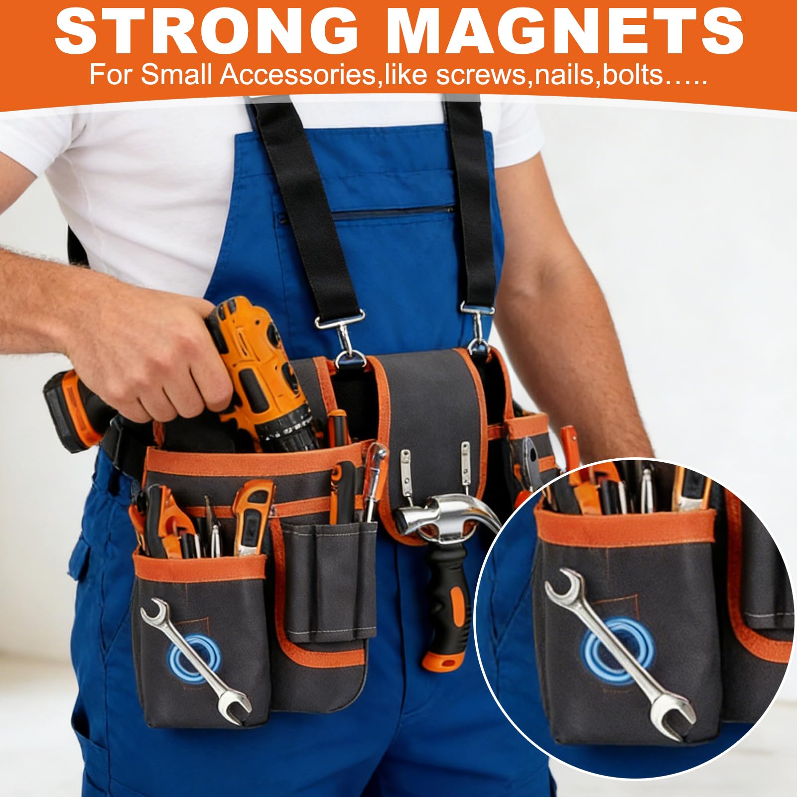 Cintura portautensili con 26 tasche, tasche magnetiche per attrezzi da uomo, tasche rimovibili per attrezzi per artigiani elettricisti idraulici