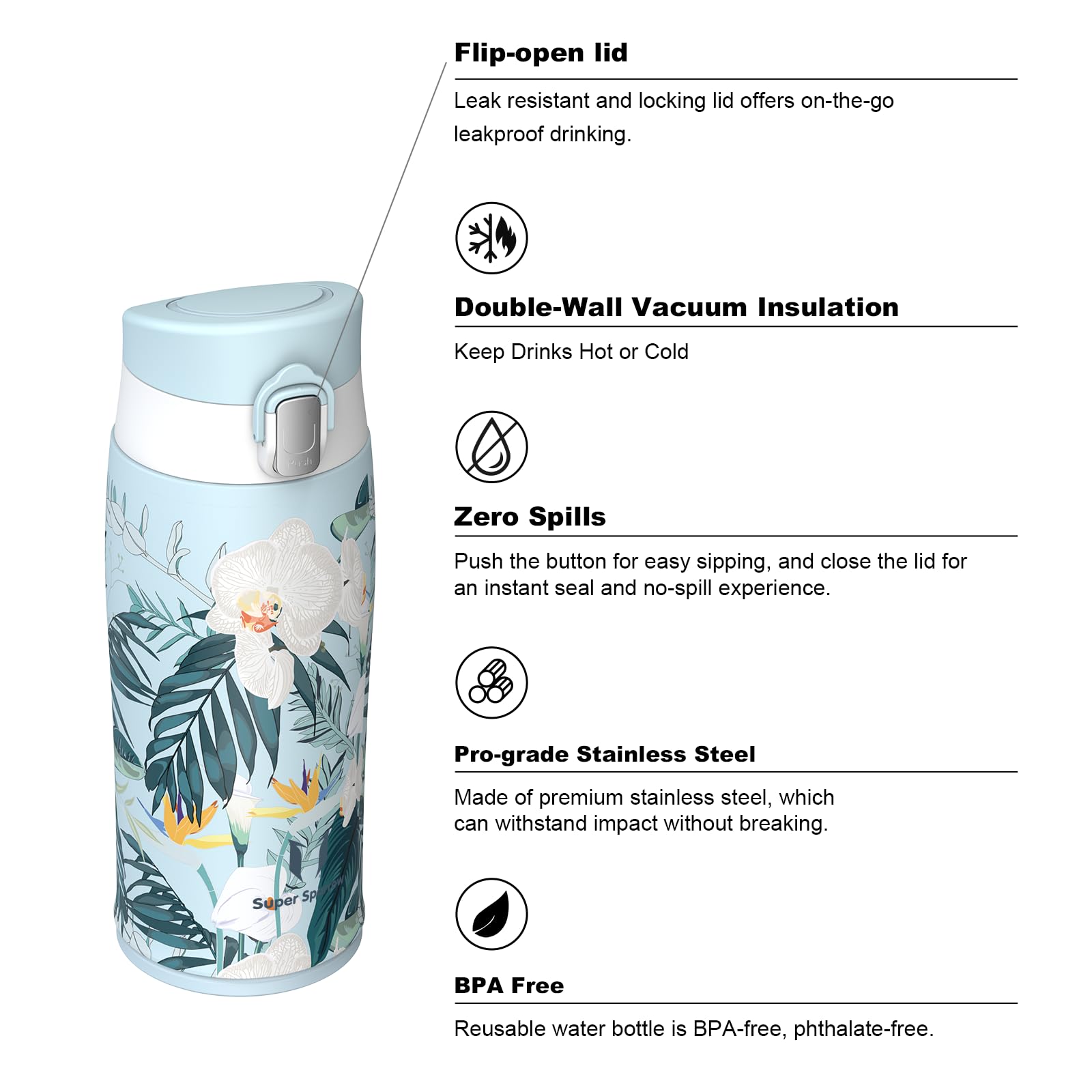Super Sparrow Borraccia Termica, Acciaio Inox Bottiglia Termica - 350ml, 500ml, 750ml, 950ml - Senza BPA Tazza Termica, Borraccia Termica per Bambini, Scuola, Sportiva, Bici, Campeggio, Palestra