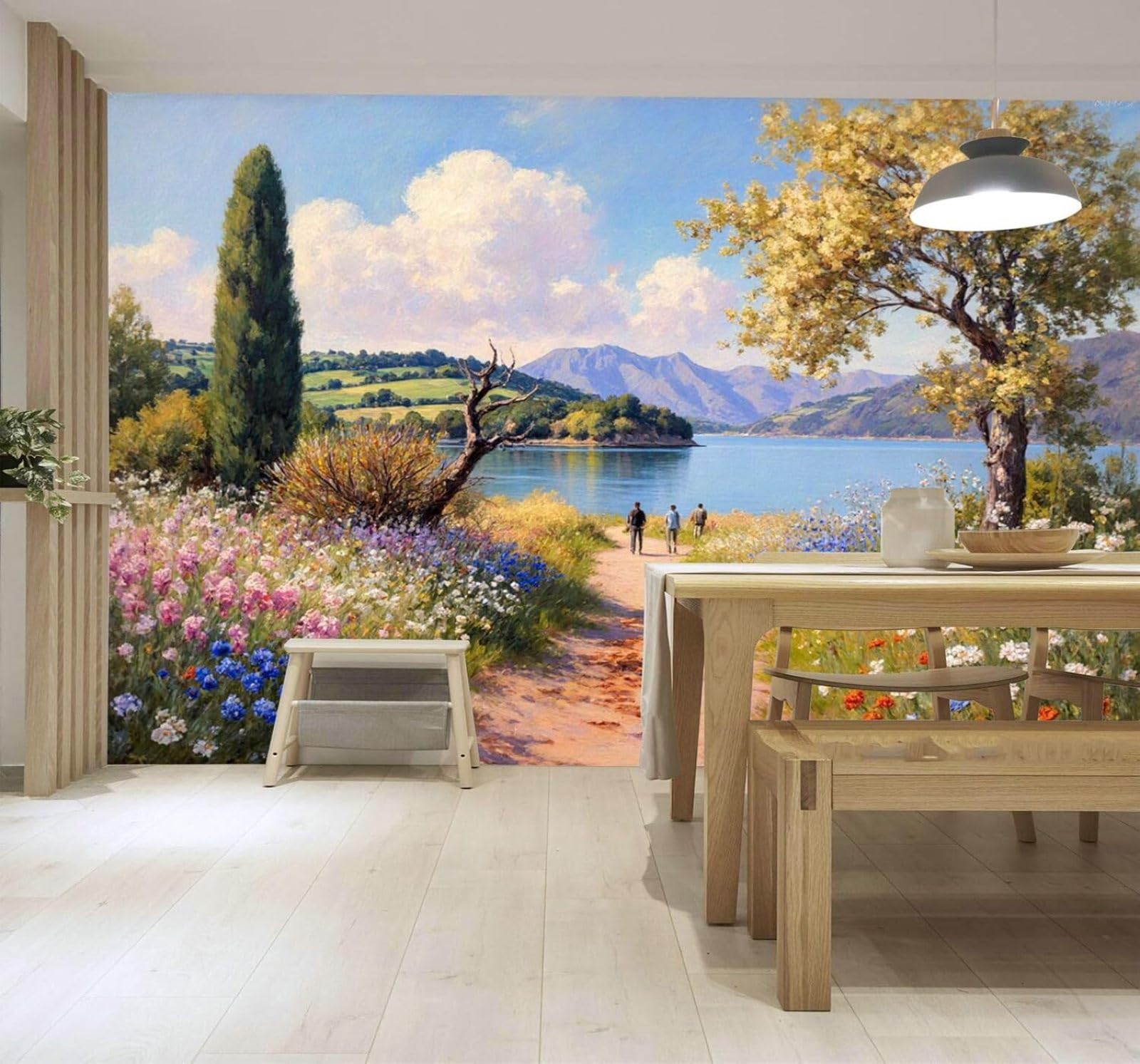 XLMING Picturesque Lakeside Footpath Wildflowers in Bloom Mountains Blue Sky 3D Wallpaper Silky Texture Home Study Office Grey Dining Room Sofa Bedroom Living Room TV Backdrop-400cm×280cm