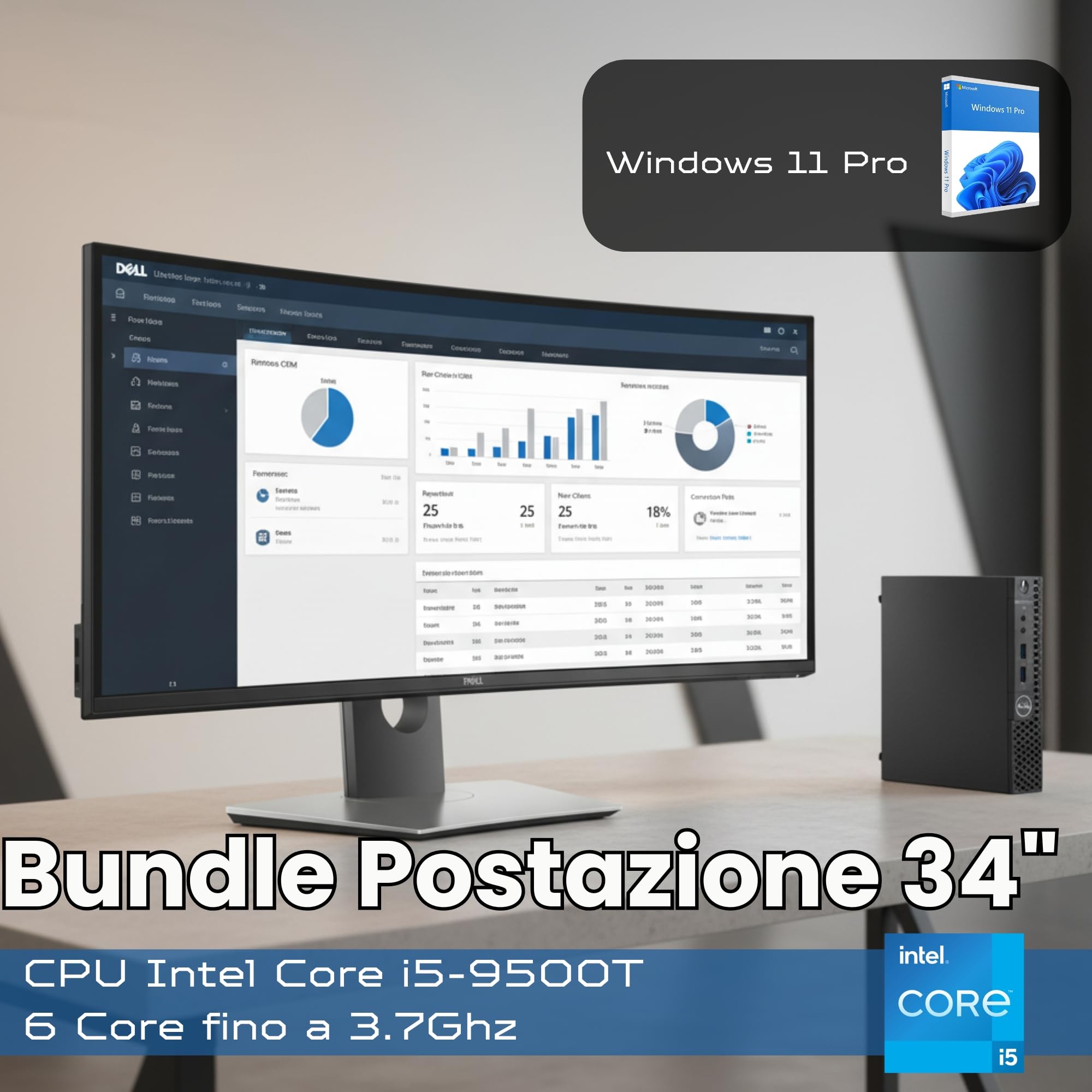 Pc Computer Business Bundle Postazione Completa Mini PC Business Ricondizionato + Monitor Curvo UltraWide 34" WQHD 3440×1440 IPS | 16GB | SSD NVMe 512GB | Win 11 Pro Garanzia 36 Mesi