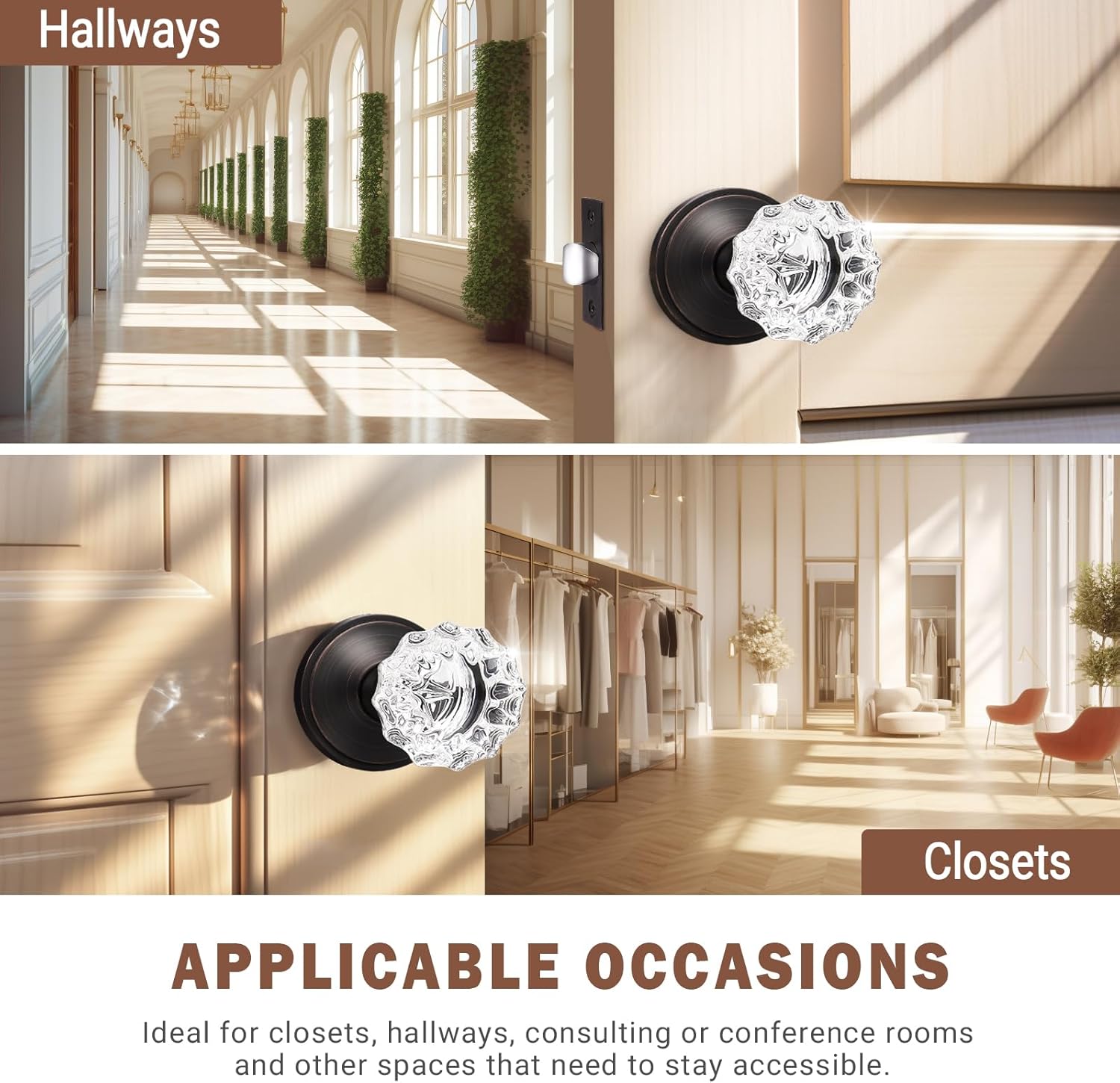 KNOBWELL 1 Pack Glass Passage Door Knob for Passage Hallway Closet and 1 Pack Crystal Privacy Door Knob for Bedroom Bathroom