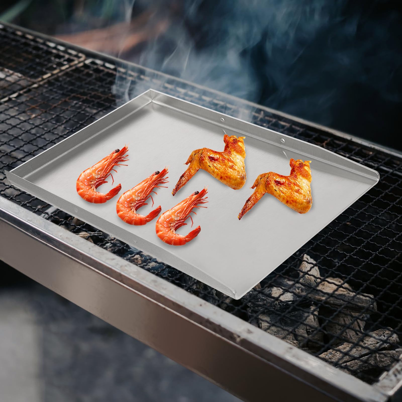 Plancha de acero inoxidable para barbacoa de gas y camping con asas para carne, pescado y verduras (plata, 45 x 30 cm)