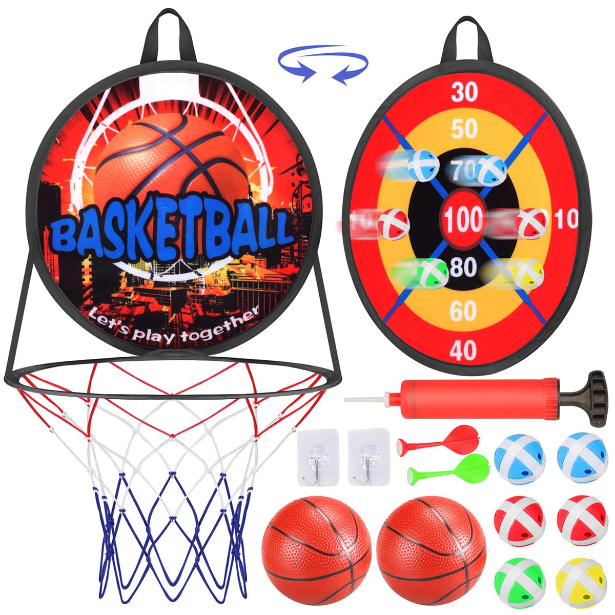 Mini Basketball Hoop for Bedroom,Kids Dart Board Set,Height Adjustable Indoor Outdoor Portable Ball Games for 3+ Year Old Toddlers Boys Girls (Red)