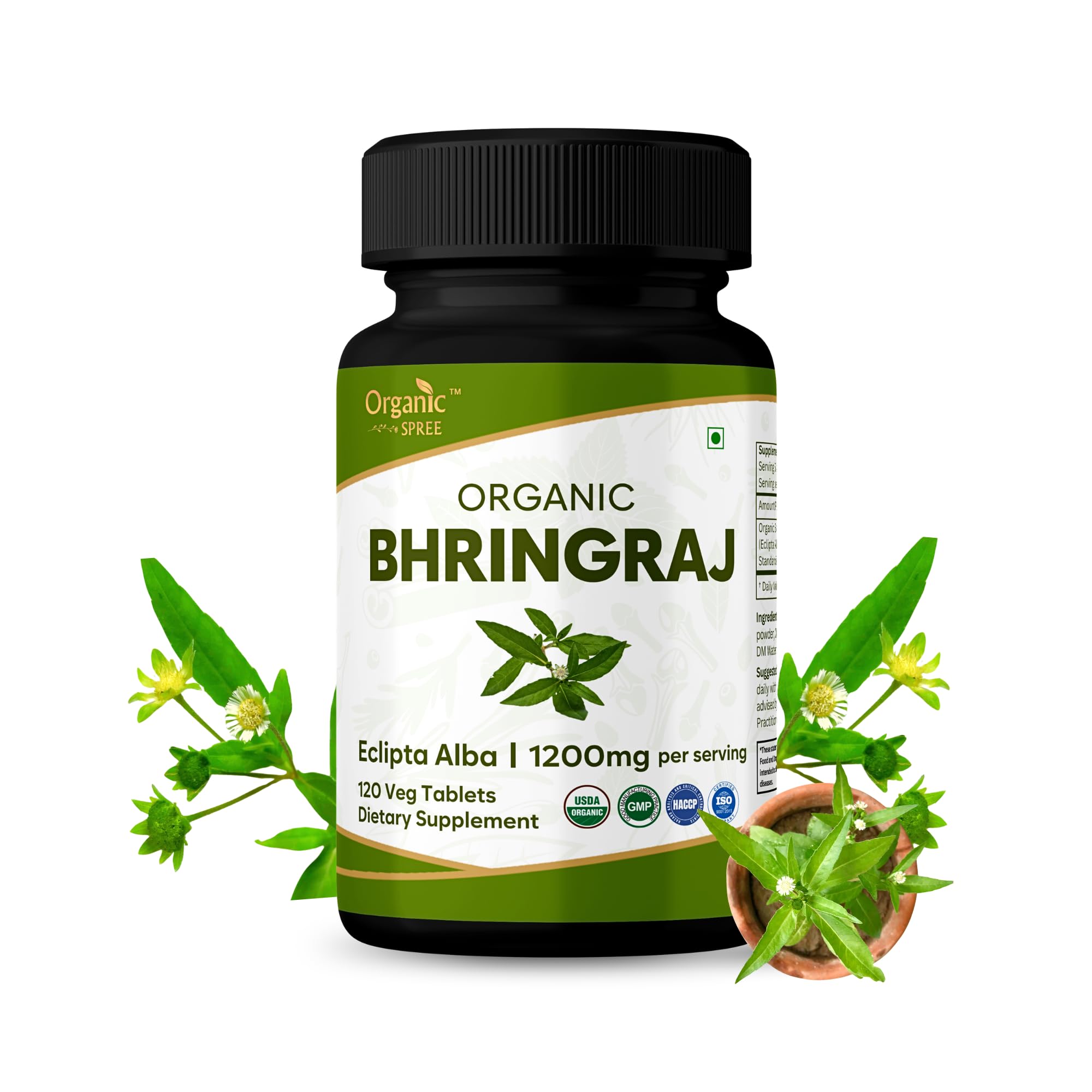 ORGANIC SPREE Bhringraj 120 Tablets - Supports Hair Nourishment, Healthy Hair Growth &amp; Scalp Health* - Eclipta alba - 60 Days Supply - USDA Organic, GMP, HACCP Certified