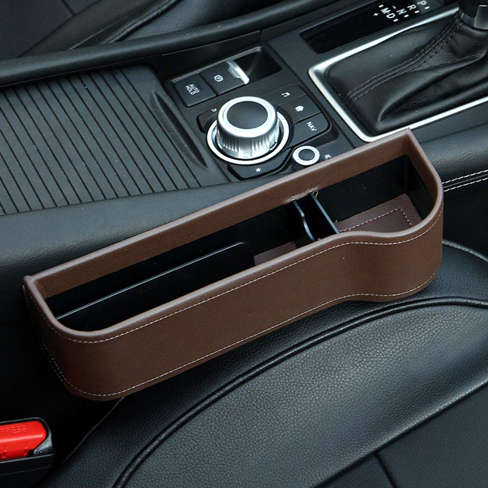 SancoscoCar Seat Gap Storage Box Cup Holder Multifunctional Car Seat Gap Filler Premium PU Leather Car Console Side Pockets (1pcs, Brown, Right)