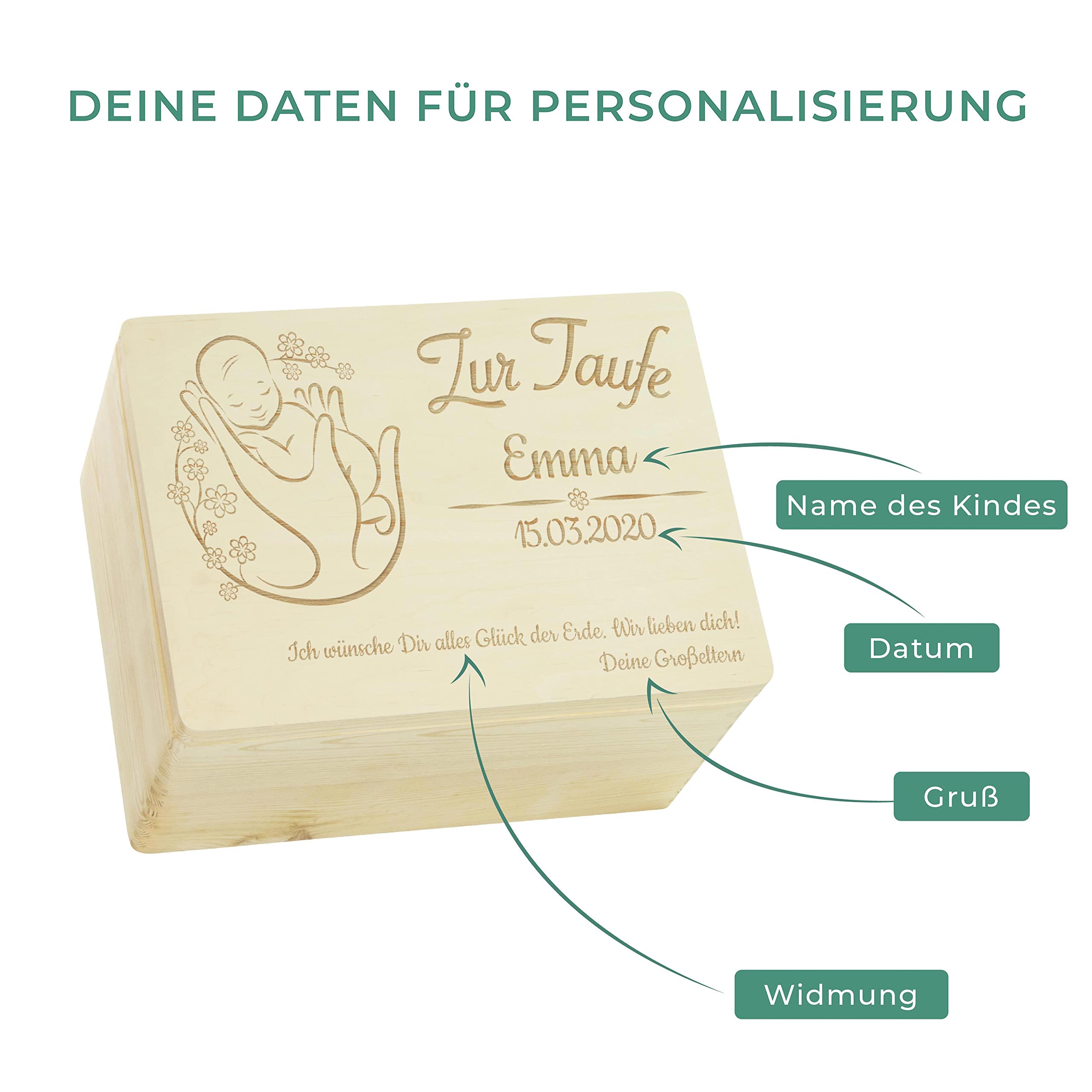 LAUBLUST Holzkiste mit Gravur - Personalisiert mit Name | Datum | WIDMUNG - Natur Größe XL - Blumenbaby Motiv - Geschenkkiste zur Taufe - FSC®