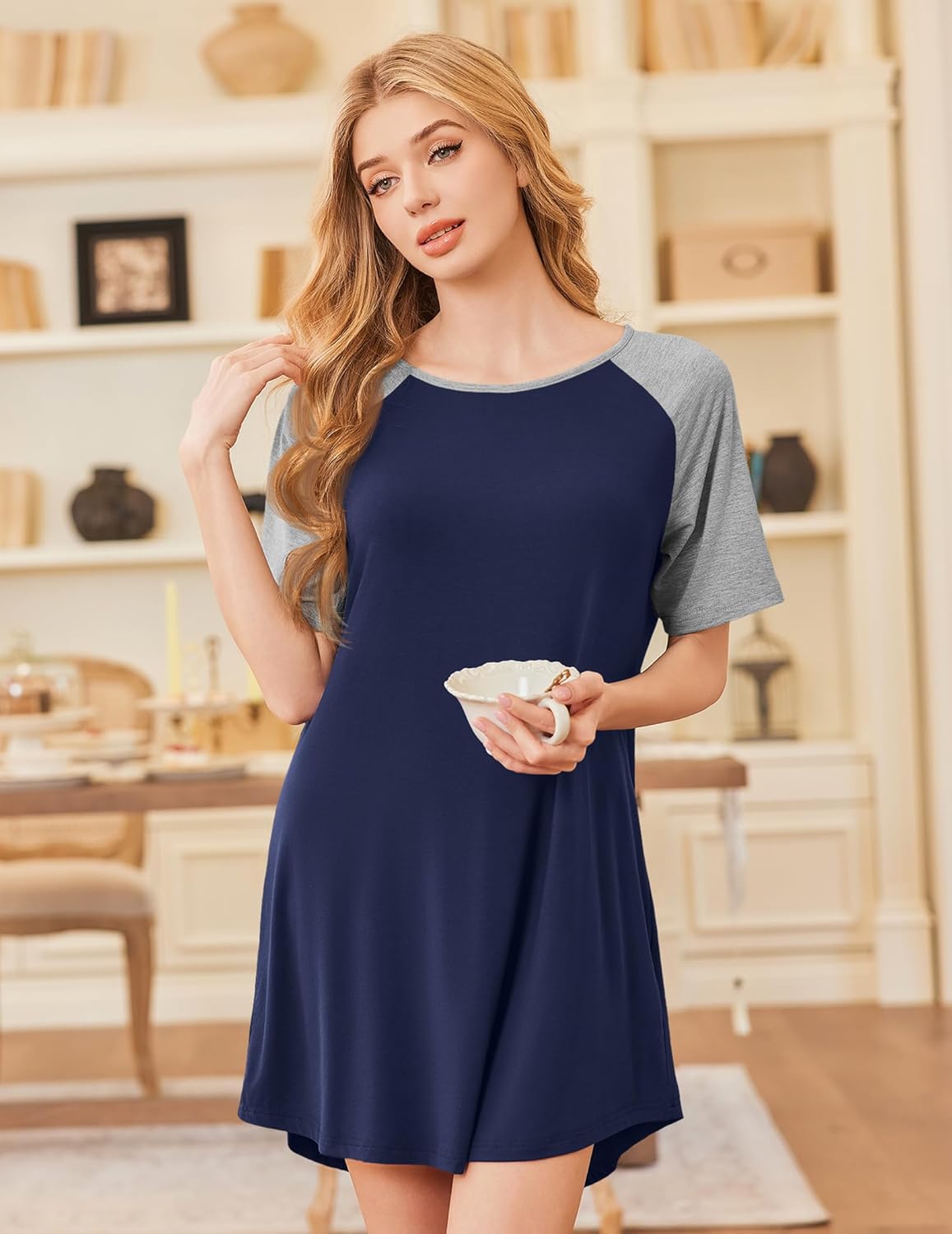 Ekouaer Nightgowns for Women Bamboo Viscose Sleep Shirts Short Sleeve Nightshirt Casual Sleepdress Soft Sleepwear S-XXXL - Image 5