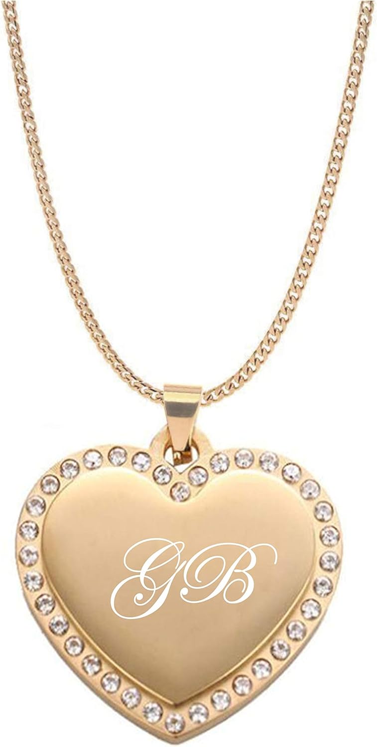 Personalized Gold Rhinestone Heart Necklace – Custom Engraved Small Pendant Jewelry, Free Engraving - Ships from USA