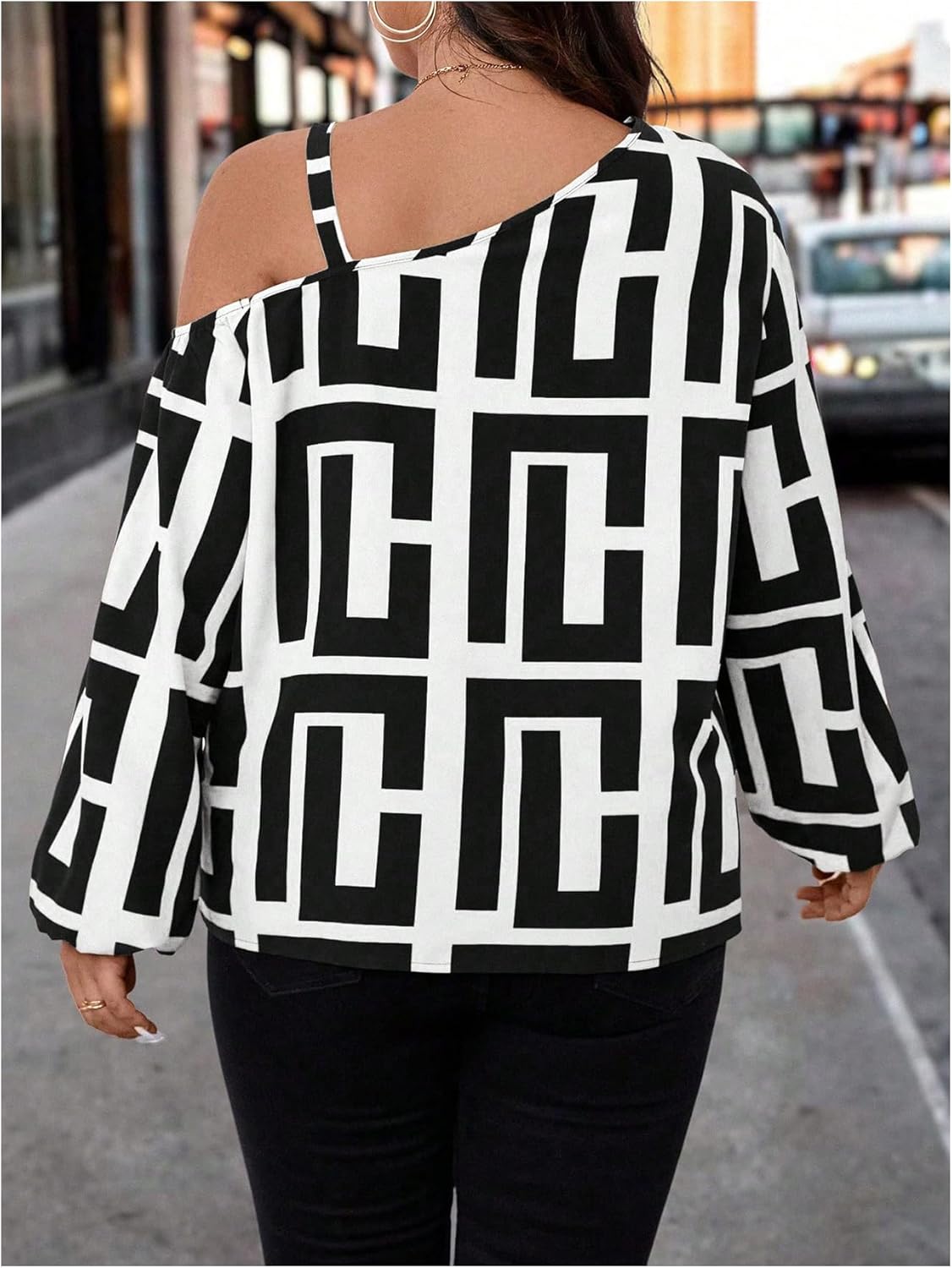 MakeMeChic Women's Plus Size Graphic Print One Shoulder Blouses Long Sleeve Party Fall Tops - Image 2