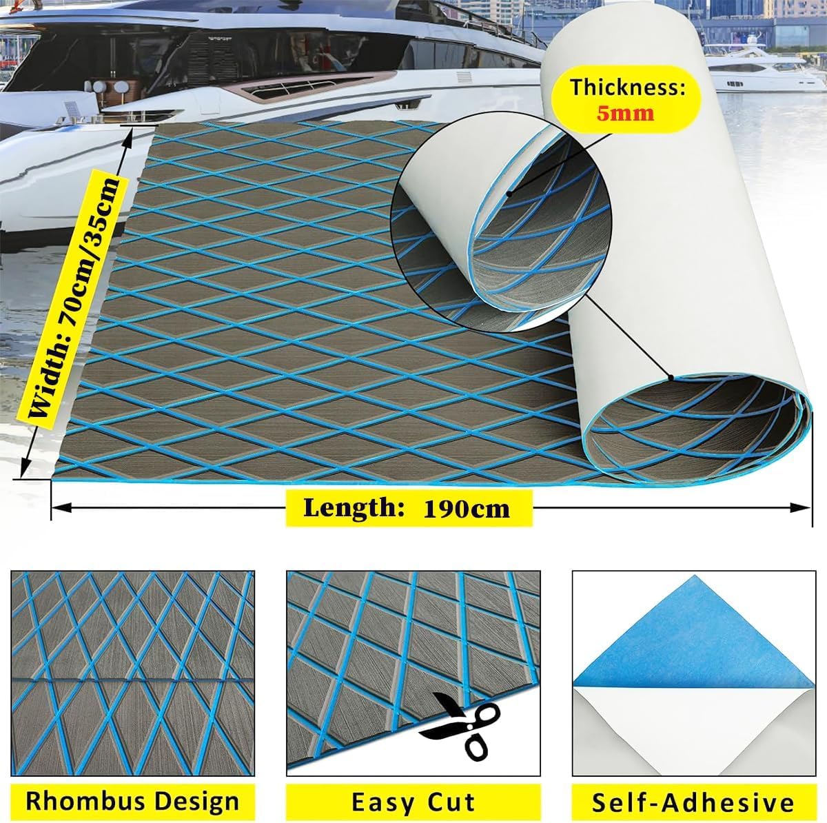 Eva Schaum Bootsteppich 190x35/70cm Selbstklebend Yacht Boden rutschfest Matte Boot Deck rutschfest Teppich für Motorboot RV Yacht Kajak Schwimmbad Teakholz