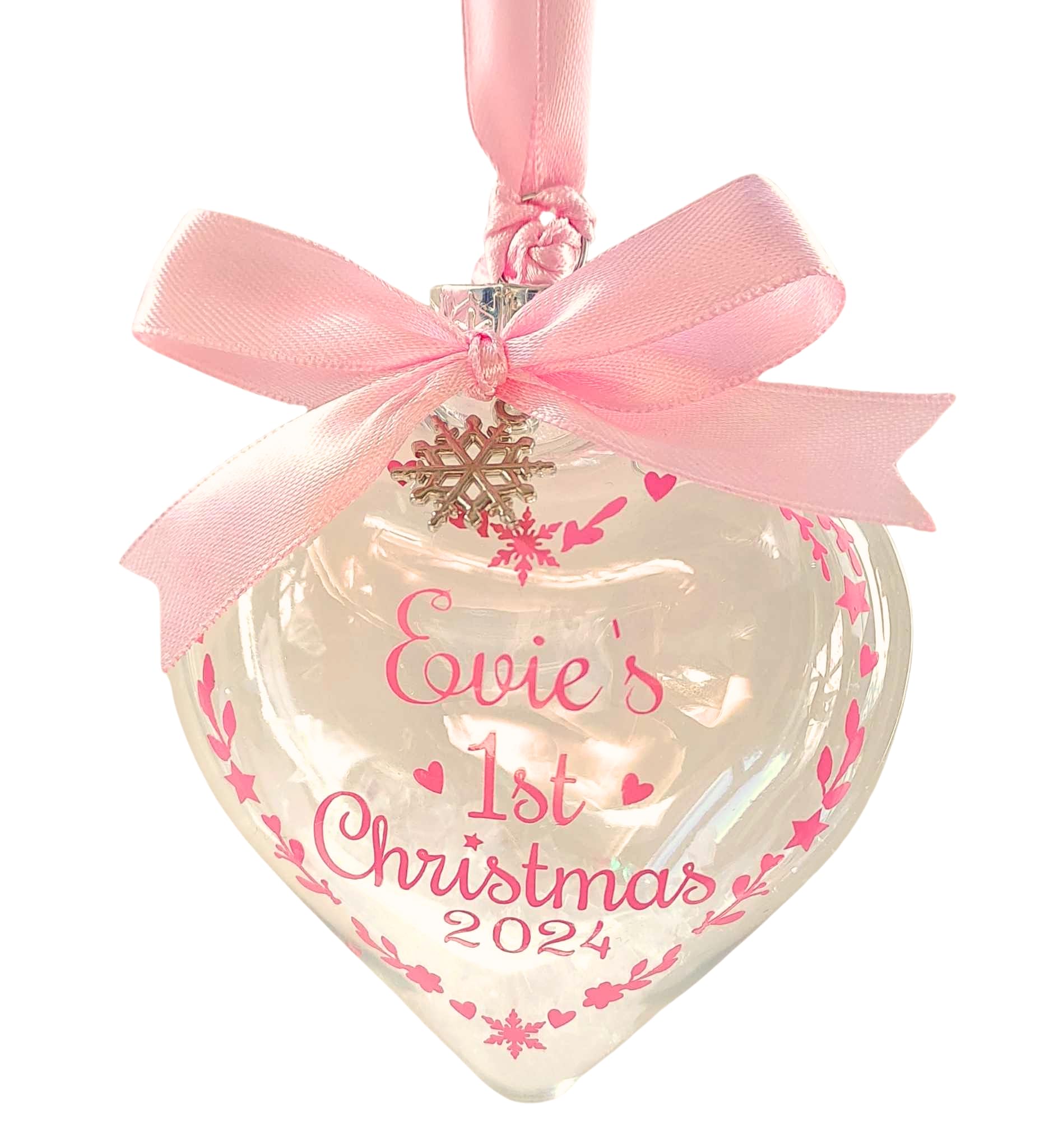 Personalised Heart Shaped Bauble Printed with your Baby's Name! ~ First 1st Christmas 2024 ~ Ribbon/Print available in Pink or Blue!
