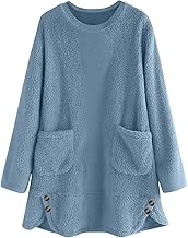 KUIH Women's Longline Sweatshirt Fleece Fluffy Jumpers Baggy Oversized Pullover Tops Plush Blouse Round Neck Long Sleeve Tops Ladies Loose Warm Tunic Fuzzy Sweaters Plus Size with Pockets