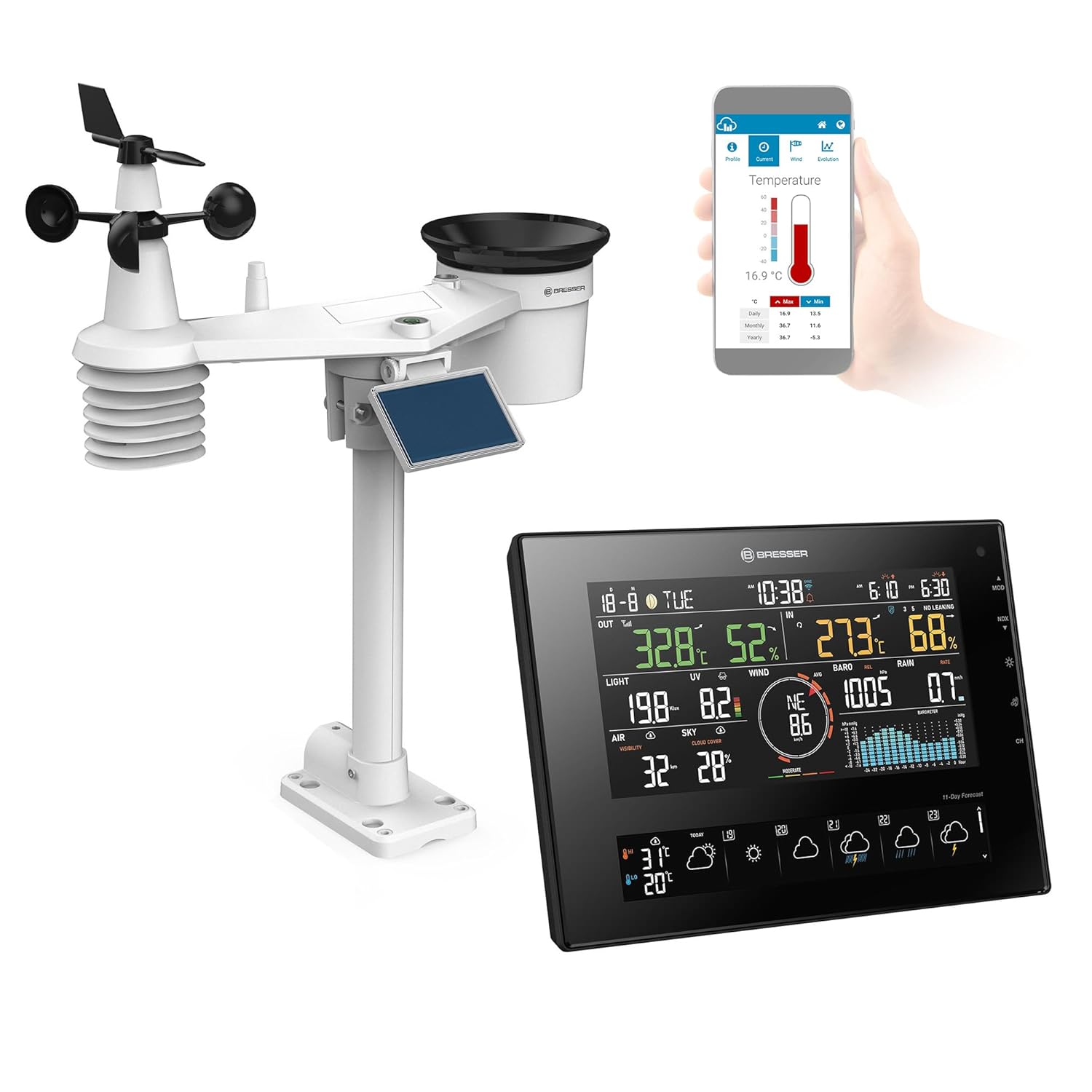 Bresser Solar 7-in-1 Weather Station with outdoor sensor, indoor display, and smartphone app interface