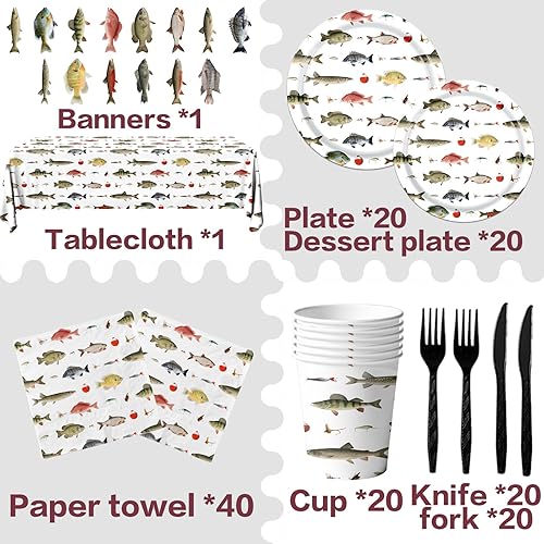 Miniatura 6 de Decoración de fiesta de pesca Gone, juego de vajilla temática de pesca de 142 piezas, platos, servilletas para decoración de pequeño pescador,
