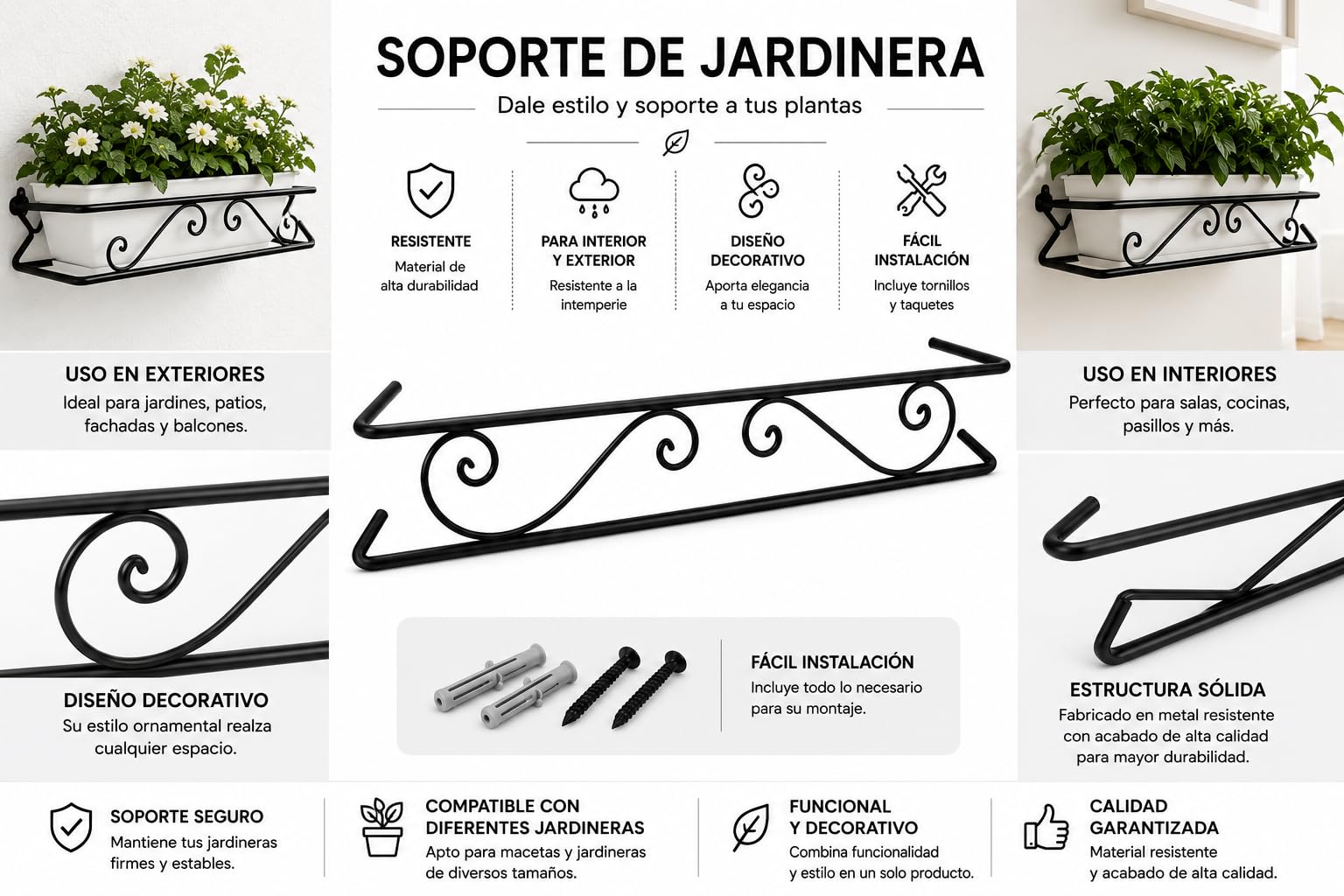 Balconcillo Extensible Ventana de 100 a 140 cm nº2 Negro | Soporte Macetas, Plantas | Barandilla Ventana Ext. de Hierro Lacado | Soporte Macetas Balcon Exterior | Fácil Montaje