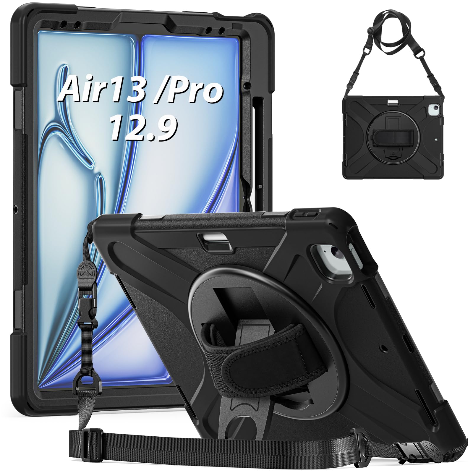 Custodia Timecity per iPad 10.2 (iPad 9a / 8a / 7a Generazione 2021/2020/2019). Con Supporto Girevole a 360 Gradi, Cinturino da Polso [ Portapenne/Proteggi Schermo] Tracolla. per iPad 10.2 - Nero