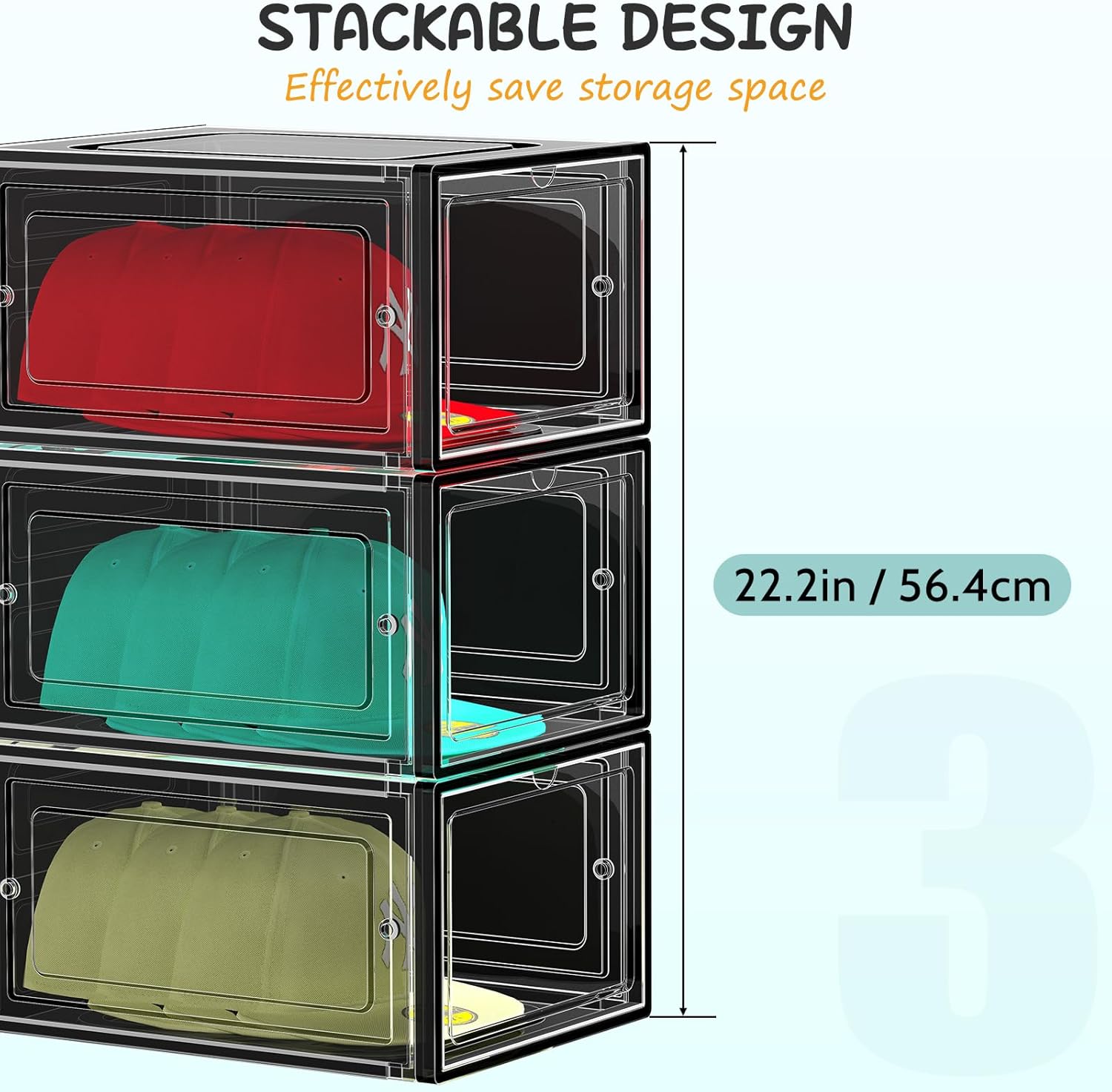 6 Pack Hat Organizer Box, Stackable Clear Baseball Caps Holder Box Containers with Magnetic Door for Hats Snapback Cap Storag, Hat Rack Display Case, Holds 8 Hats Each (Black)