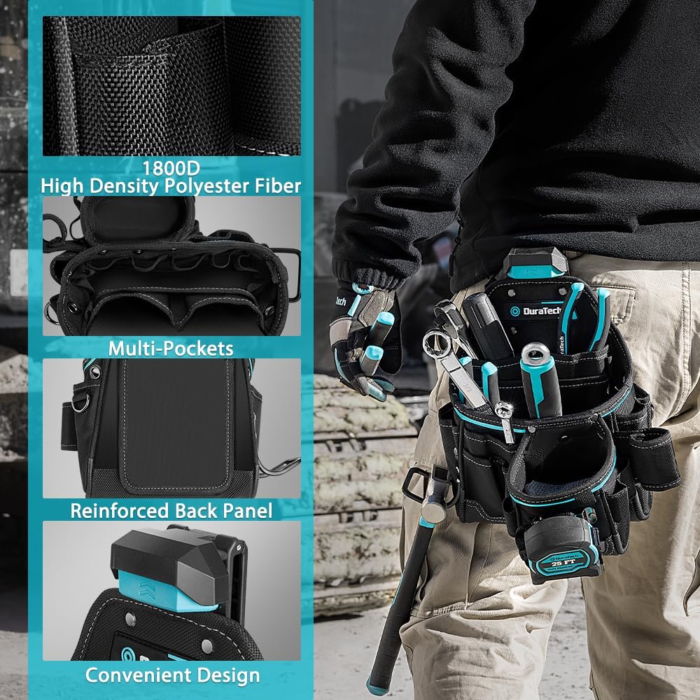 DuraTech Tool Pouch with Belt Clip, Electrician Tool Pouch with Tape Measure Holder & Hammer Loop, Quick Release Buckle, Expandable Support Frame, Ideal for Construction, Carpentry and Handyman Use