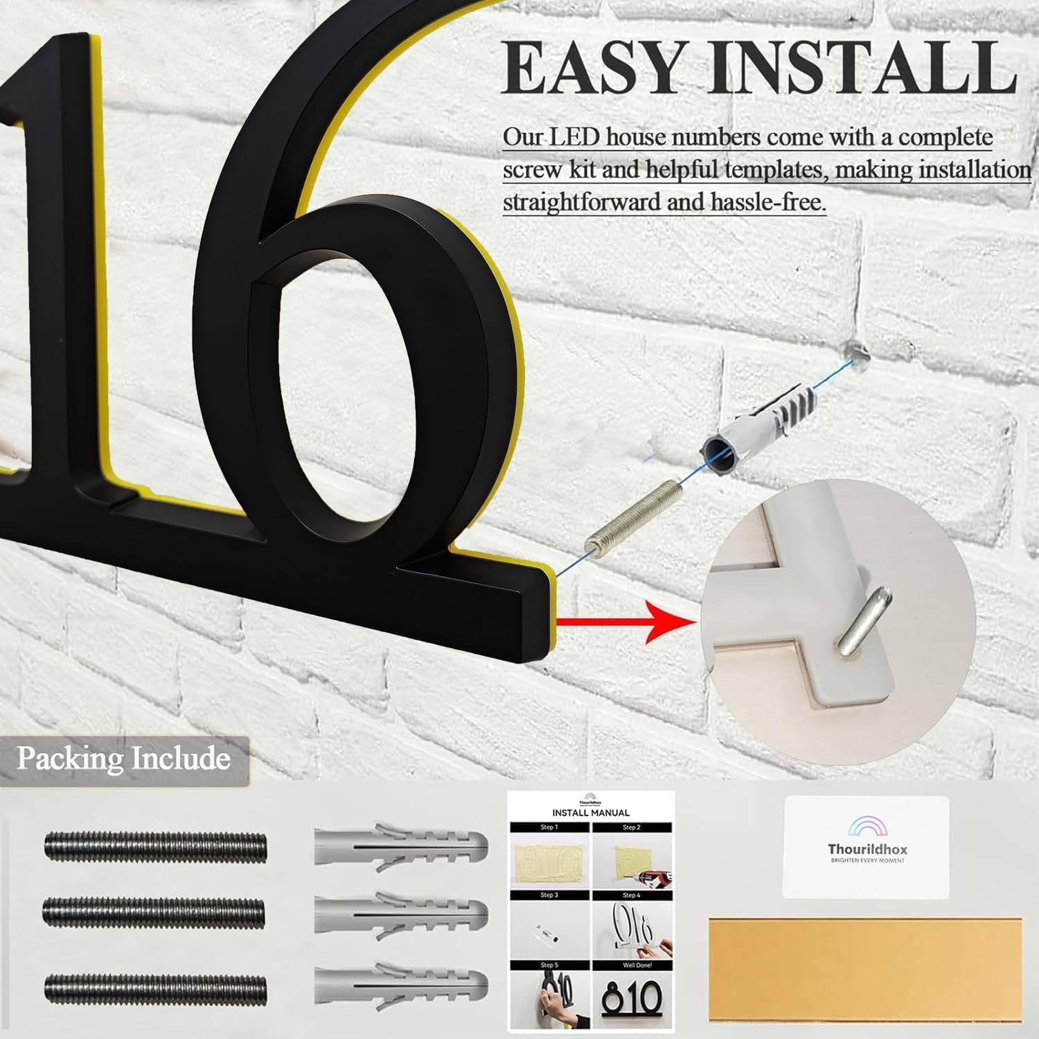 Light up Address sign for houses - Personalized Acrylic Lighted Address Sign - Waterproof Large Led Address Numbers - 4-6 Inch Illuminated Street Numbers With Screw Kit - Backlit Custom House Number