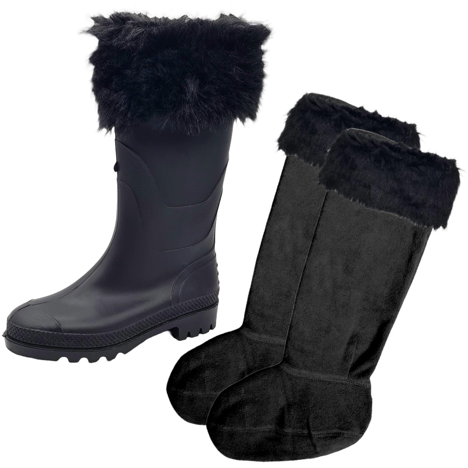 Sock-Tec Women's Black Fleece Wellie Socks Faux Fur Cuff Tops Adult Girls Welly Wellington Boot Thermal Liners Warm Outdoor Sock One Size 3-5 (Uk, Numeric, 3, 5, Regular, Regular, )