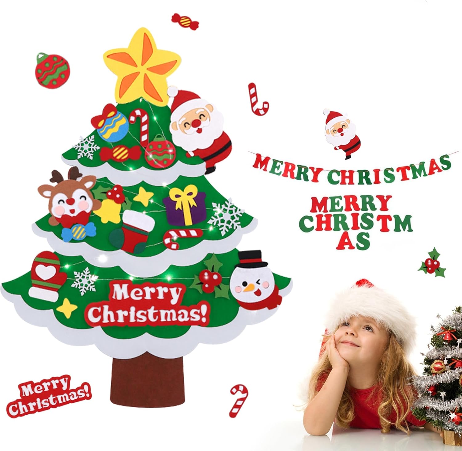 Konpwine DIY Felt Christmas Tree Set with String Light for Kids Toddlers,3.2ft Wall