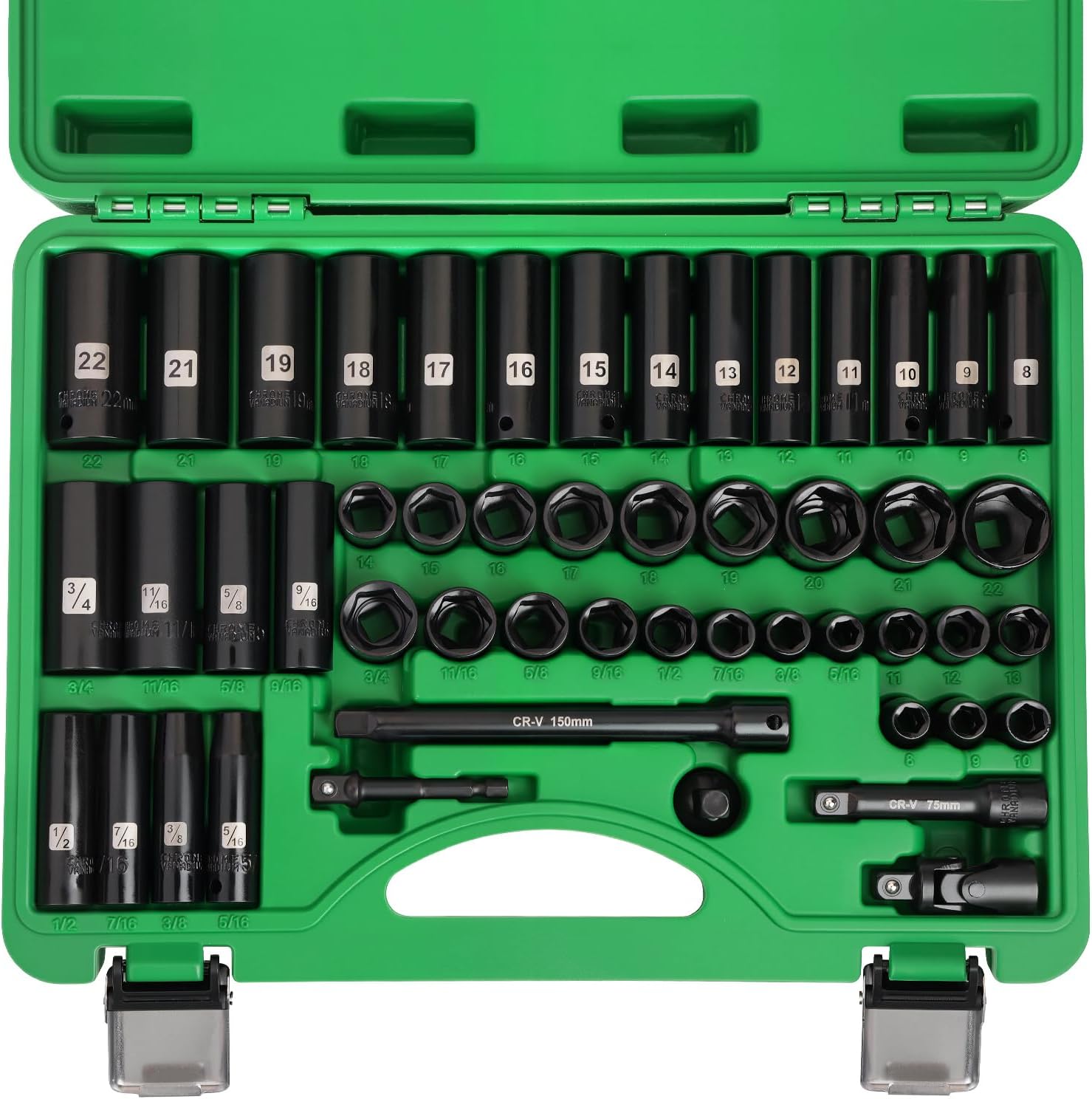 3/8" Drive Impact Socket Set, 50 Piece Standard SAE (5/16 to 3/4 inch) and Metric (8-22mm) 6 Point, Extension Bars, Impact Universal Joint, Adapter, Cr-V Steel