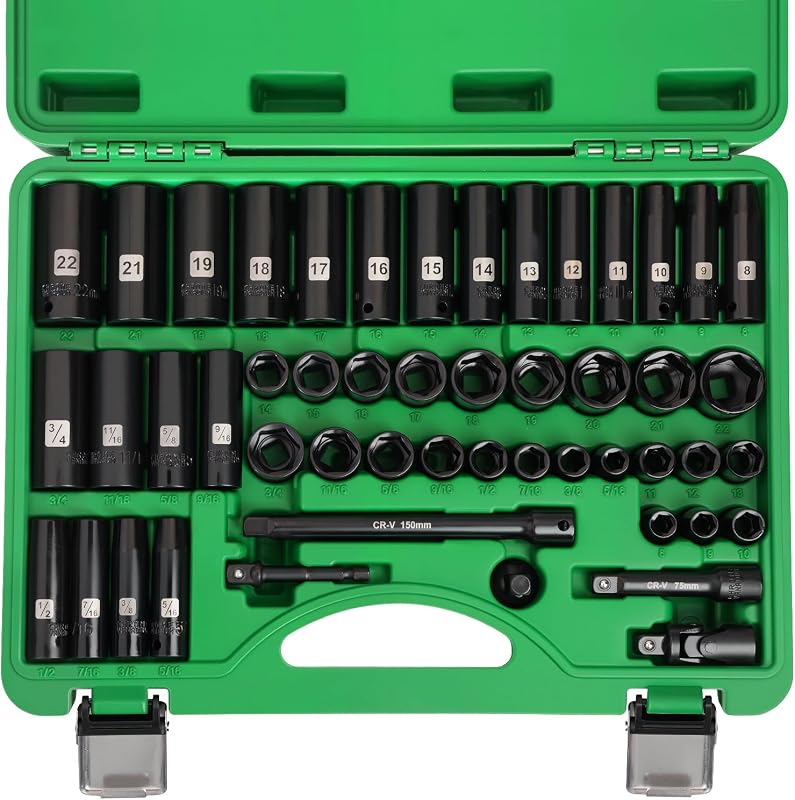 3/8" Impact Socket Set, 50PCS SAE 5/16-3/4" & Met 8-22mm | 6 Point, Extension Bars, Impact Universal Joint, Adapter, Cr-V Steel