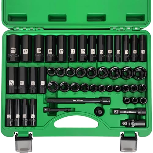 3/8" Drive Impact Socket Set, 50 Piece Standard SAE (5/16 to 3/4 inch) and Metric (8-22mm) 6 Point, Extension Bars, Impact Universal Joint, Adapter, Cr-V Steel