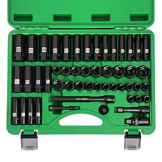 3/8" Drive Impact Socket Set, 50 Piece Standard SAE (5/16 to 3/4 inch) and Metric (8-22mm) 6 Point, Extension Bars, Impact Universal Joint, Adapter, Cr-V Steel - Amazon product rated Grade A