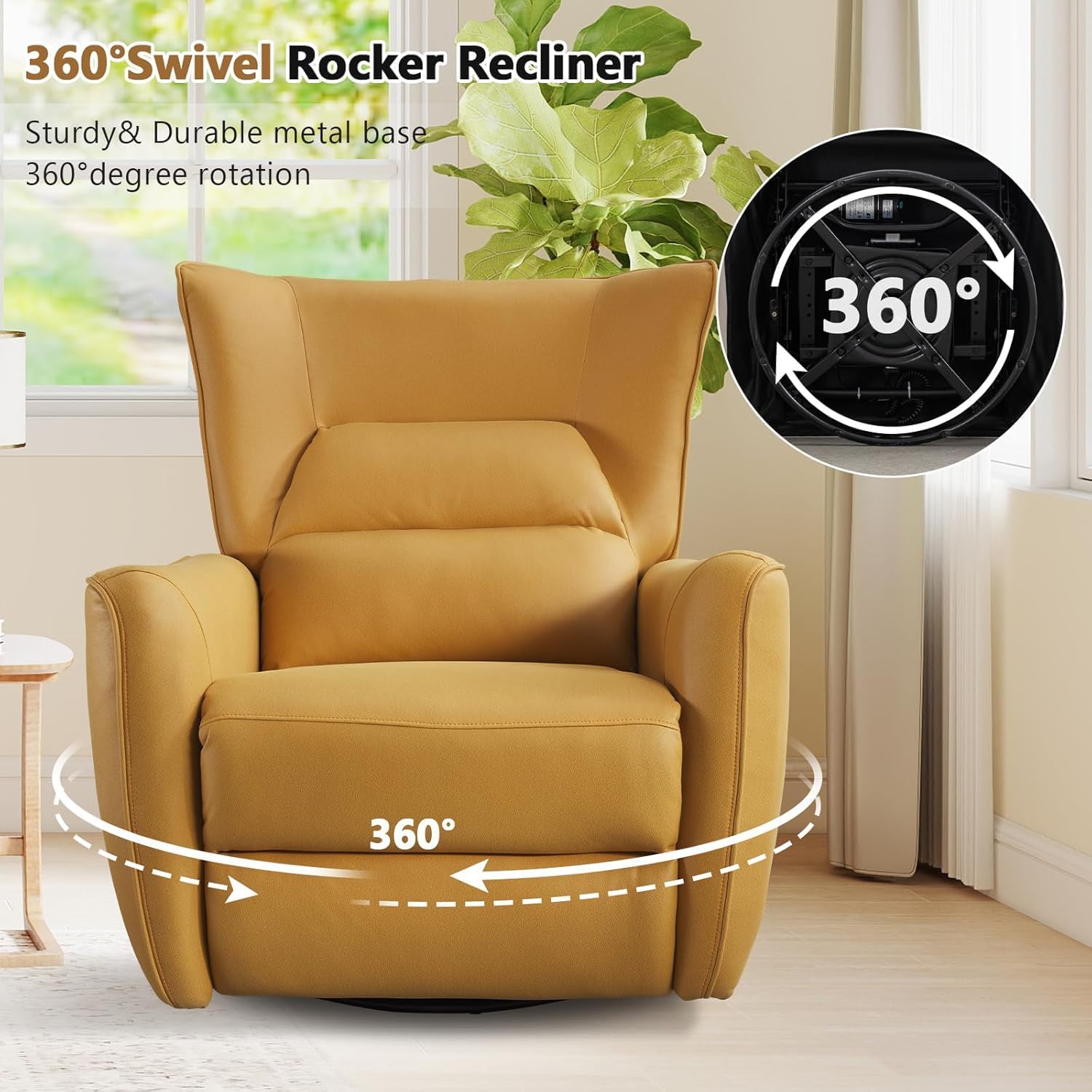 Power Swivel Rocker Recliners, Breathable Faux Leather Electric Glider Rocking Recliner Chair for Adults, 270° Swivel Nursery Reclining Sofa with USB Charging Port，Lemon Yellow