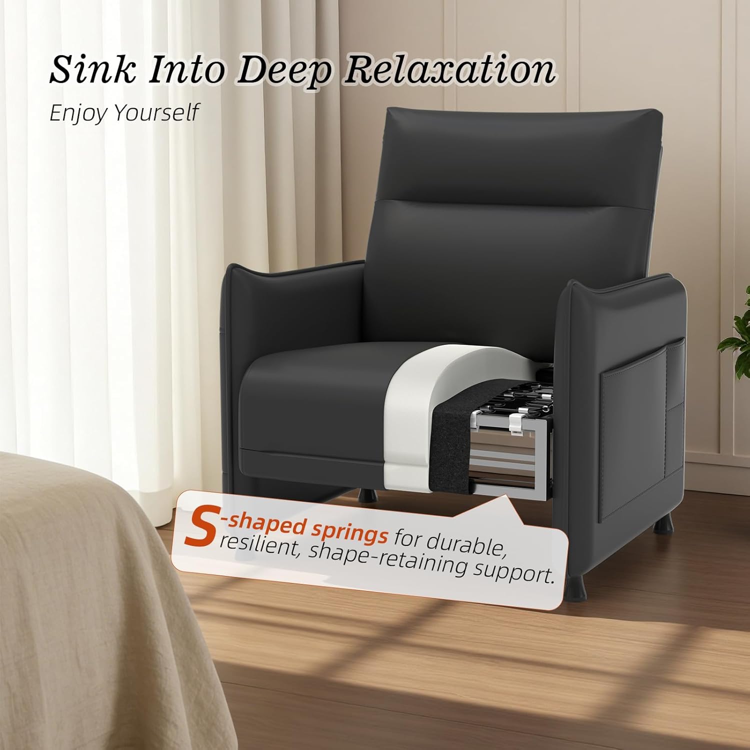 Faux Leather Accent Sofa Chair for Living Room with Flip-Up Tray Table, Side Pocket, Ergonomic Soft Backrest & Elastic Cushion,Black