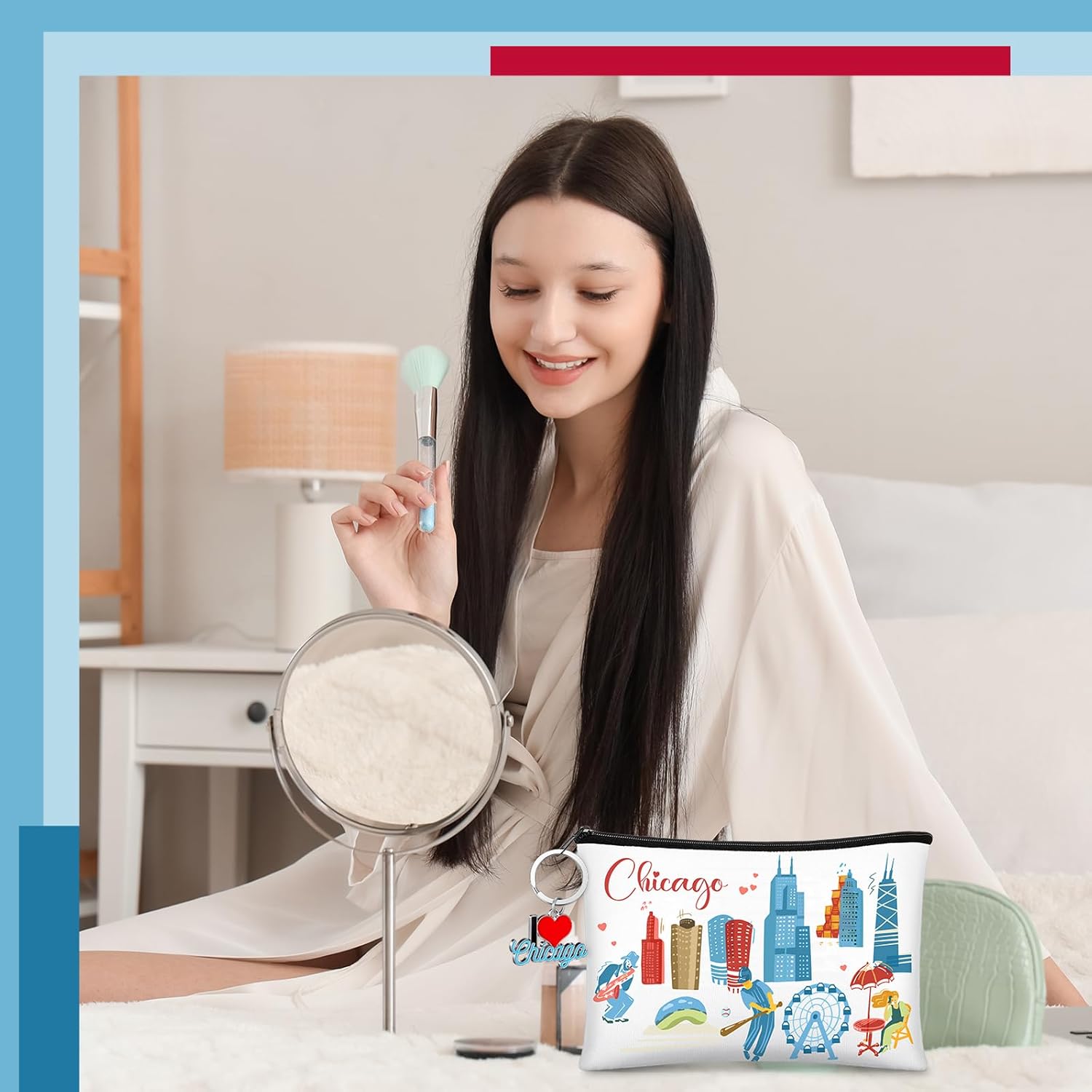 Landical 6 Sets Chicago Souvenir Gifts Include 6 Pcs Chicago Cosmetic Bag and 6 Pcs Metal Keychain for Women Traveler Christmas Party Gifts - Image 6