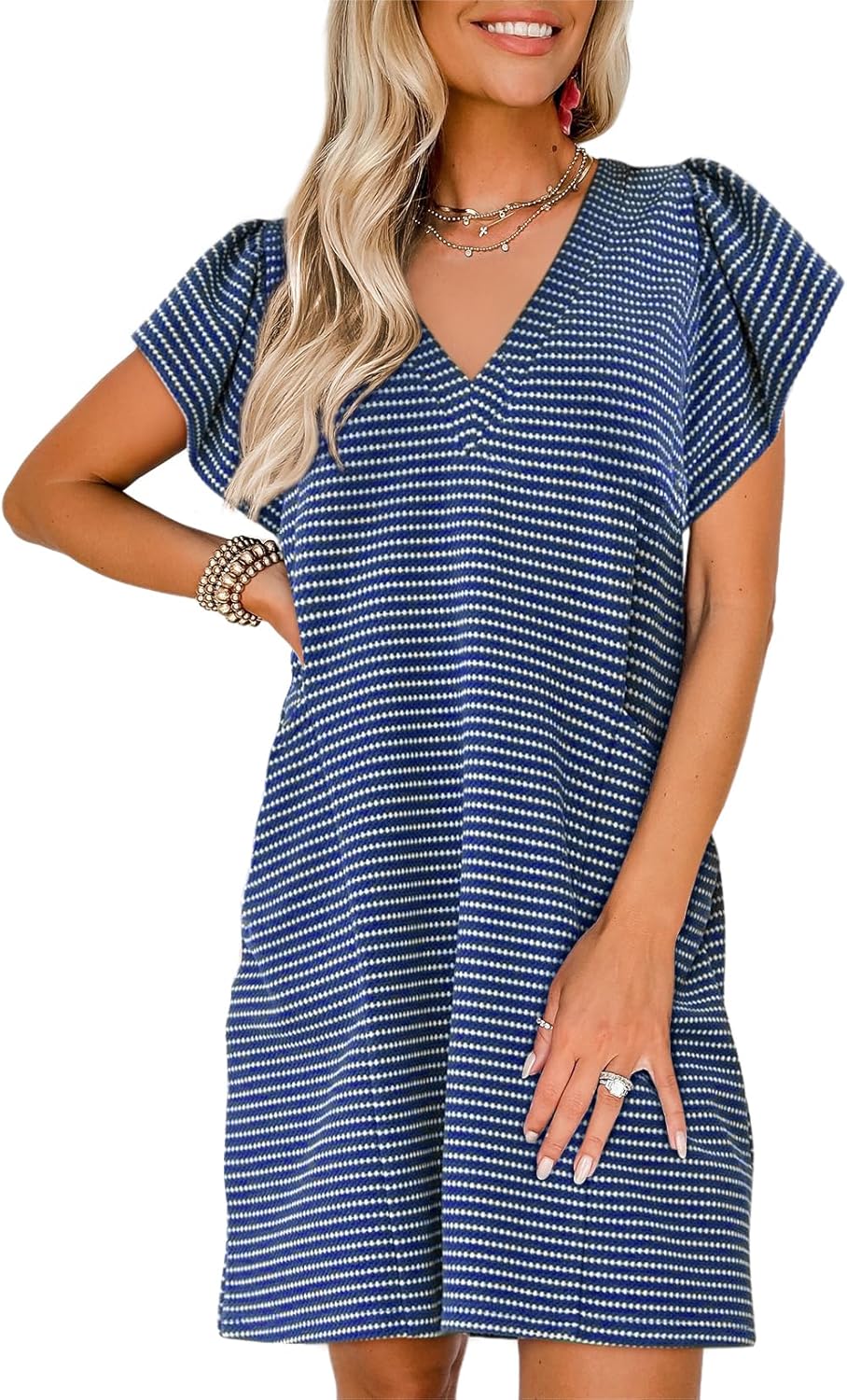 Acelitt Womens Casual Summer V Neck Cap Sleeve Shift Mini Dress with Pockets, S-XXL Small Blue