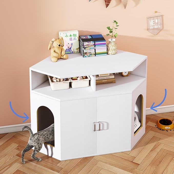 Designed to fit perfectly in any corner of your living room, bedroom, or sofa, this cat furniture maximizes your space while providing a high-quality and durable solution for your pet's needs. Made of high-quality MDF board with a smooth surface that is waterproof and scratch-resistant, this cat house is easy to clean with just a shake, vacuum, or gentle wipe. Give your cat the privacy they crave with this corner litter box enclosure that combines functionality and style seamlessly.