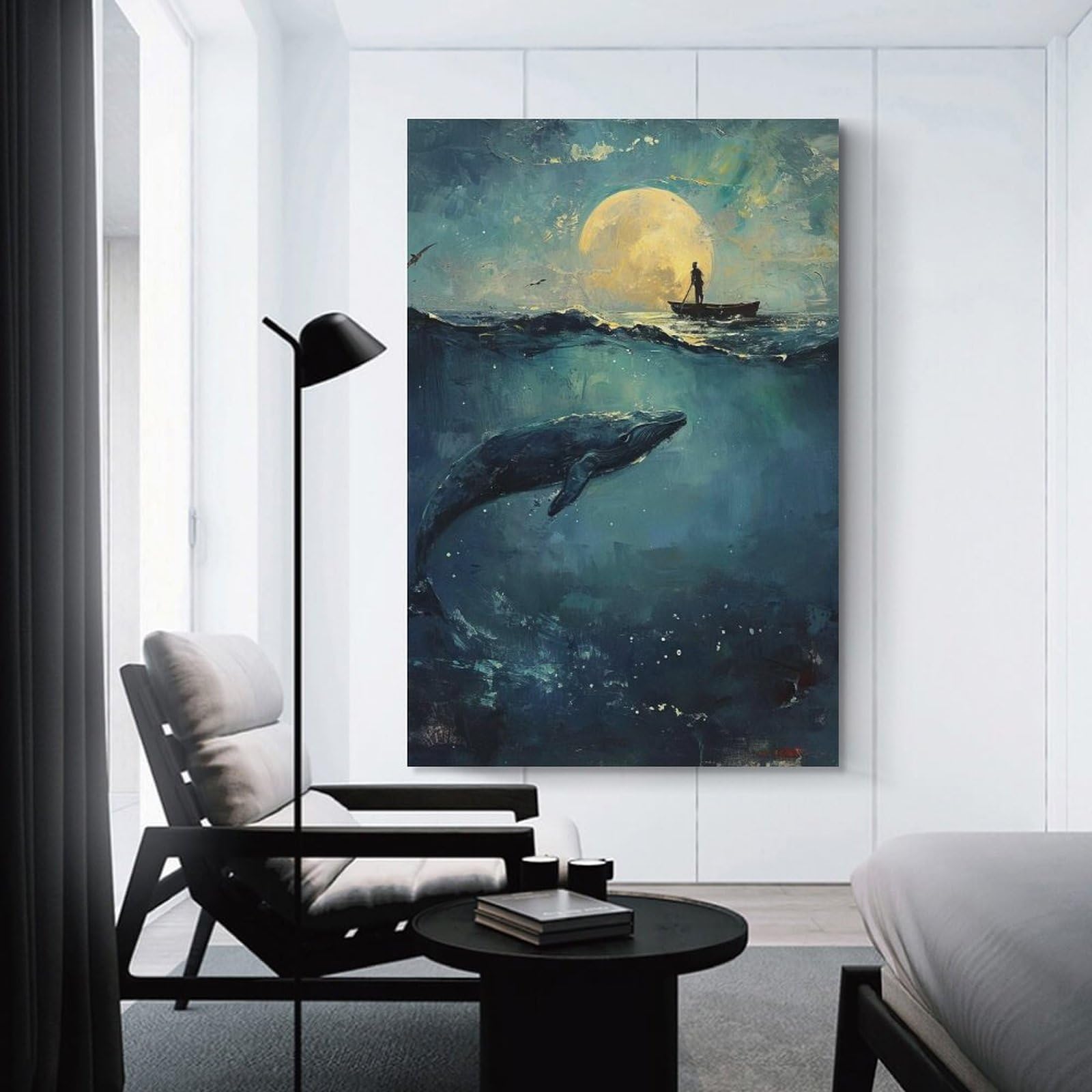Junmoney Hanging Wall Art Moonlit Sea Journey, 24x36inch(60x90cm), for Living Room, Bedroom Or Apartment Walls, Decorative Artwork for Empty Walls