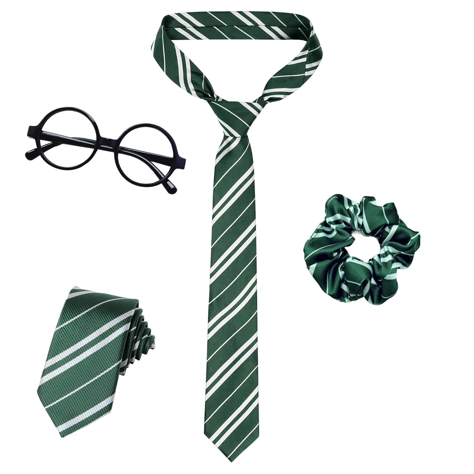 4 Pcs Wizard Costume Accessories Set, Wizard Cosplay Accessories with Wand Striped Tie Hairtie Glasses World Book Day Fancy Dress Costume Accessories Classic Wizard Cosplay Accessories Adults (Green)