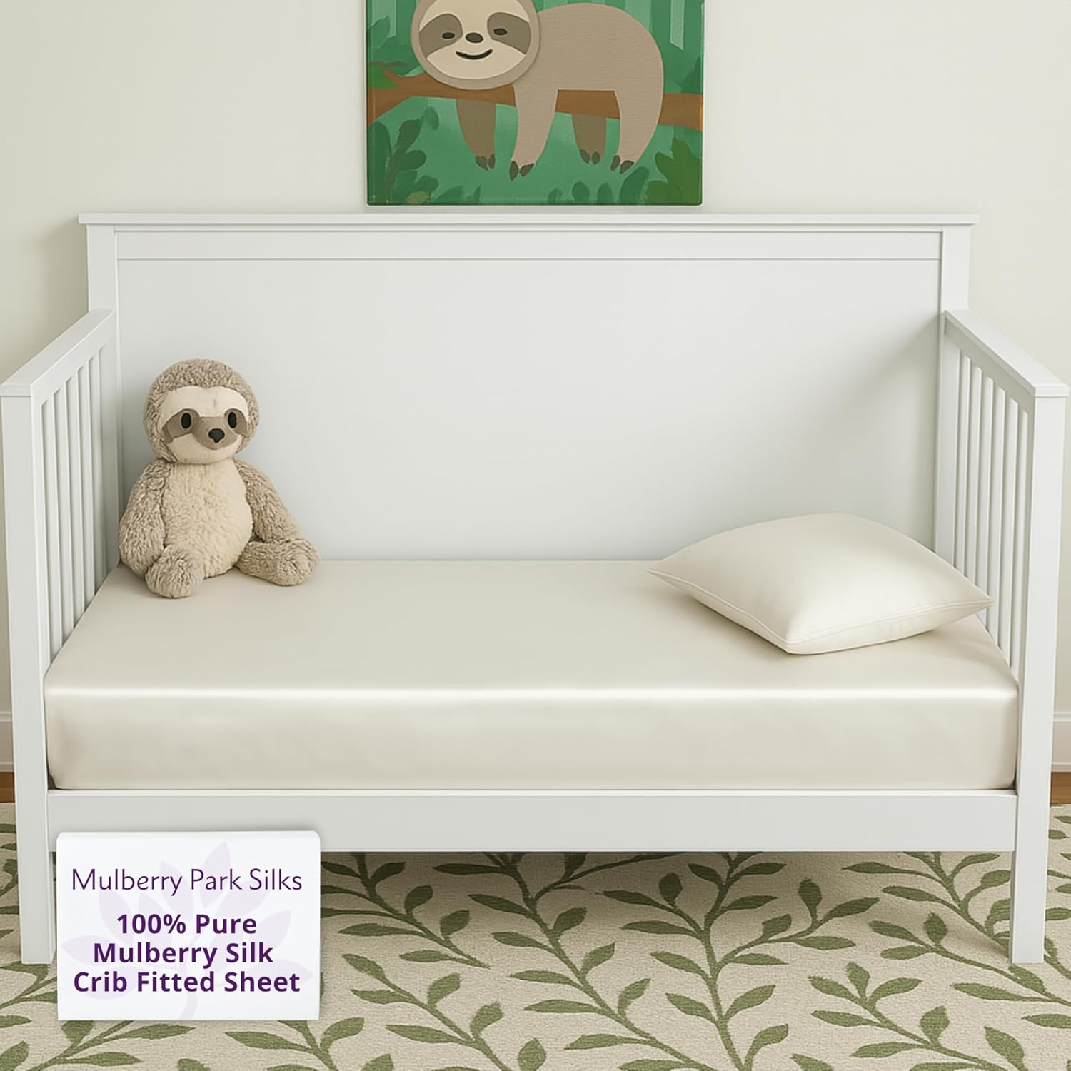 Mulberry Park Fitted Silk Crib Sheet - Grade 6A Pure 19 Momme Toddler Bedding - Gentle on Baby's Delicate Skin, Helps with Bald Spot, Eczema, Dry Skin & Cradle Cap - 28" x 52" / Natural White - Image 2