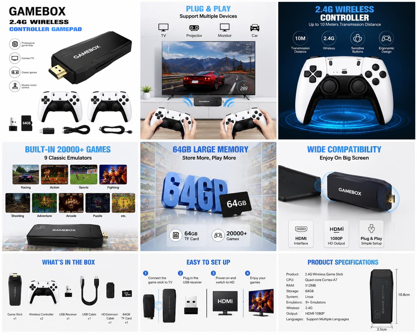 Consola de Juegos Retro Inalámbrica, 2026 Nueva Versión, Dongle HDMI 4K, 9 Emuladores Incorporados, 20000+ Juegos Preinstalados, Set con 2 Mandos Negros，128G 40000Games