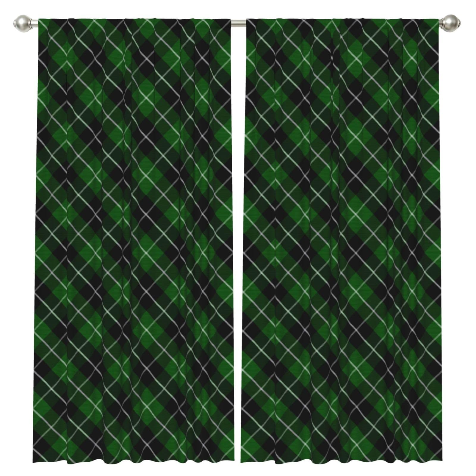 InOmak Green Tartan Black Plaid, 2 Panels Window Curtains 52 x 84 Inch Blackout Curtains for Living Room Bedroom