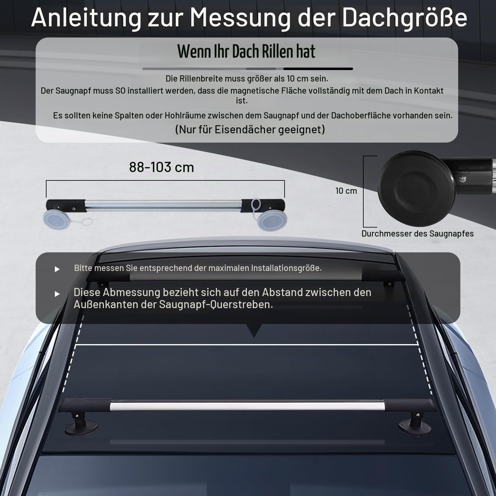 Magnetischer Dachgepäckträger mit Saugfüßen, Magnetischer Dachträger | mit Saugnäpfen für Die Meisten Fahrzeuge Geeignet, 330 lbs/150 kg Tragkraft, Verstellbare Aluminium-Dachträger, 88–103 cm