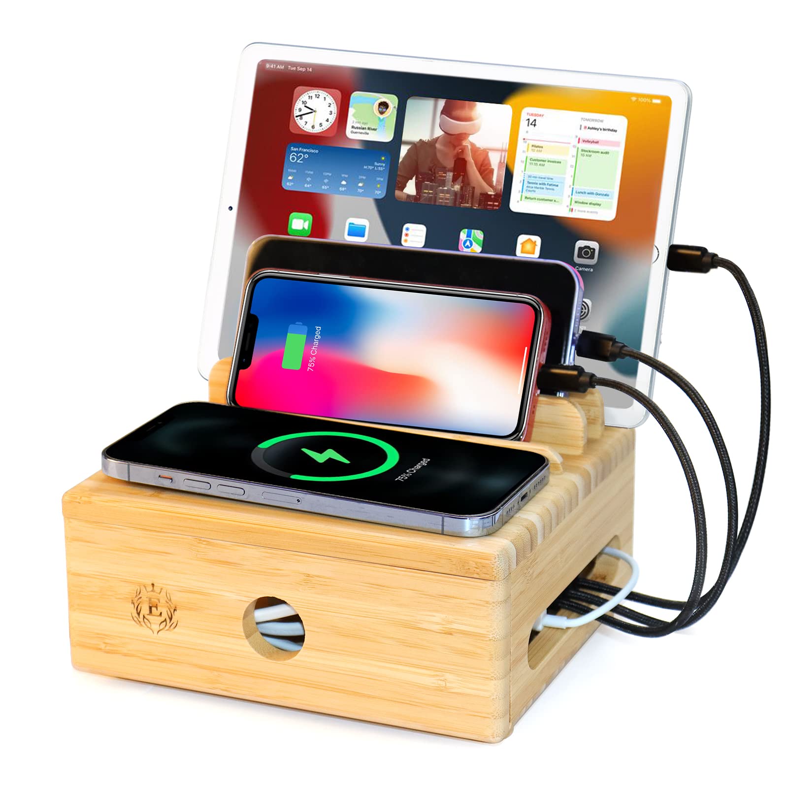 epzoeeBamboo Wood Desktop Multi-device Cords Organizer Stand and Charging  Station Charger Docks Cradle Holder for iPhone 11 Pro Max XS XR X iPad Mini 