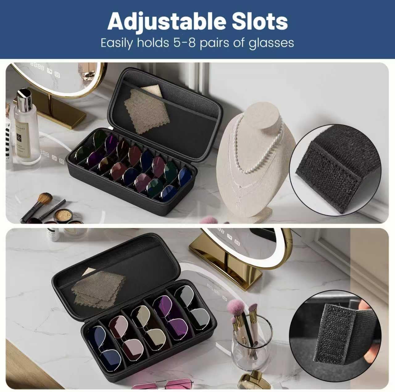 Travel Sunglasses Organizer, Hard Shell Sunglass Case Adjustable Slots for Multiple Sunglass Eyeglass Case - Image 3